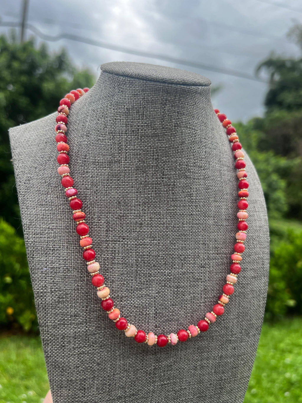 Red Dyed Jade + Multi Opal Heishi Crystal Necklace