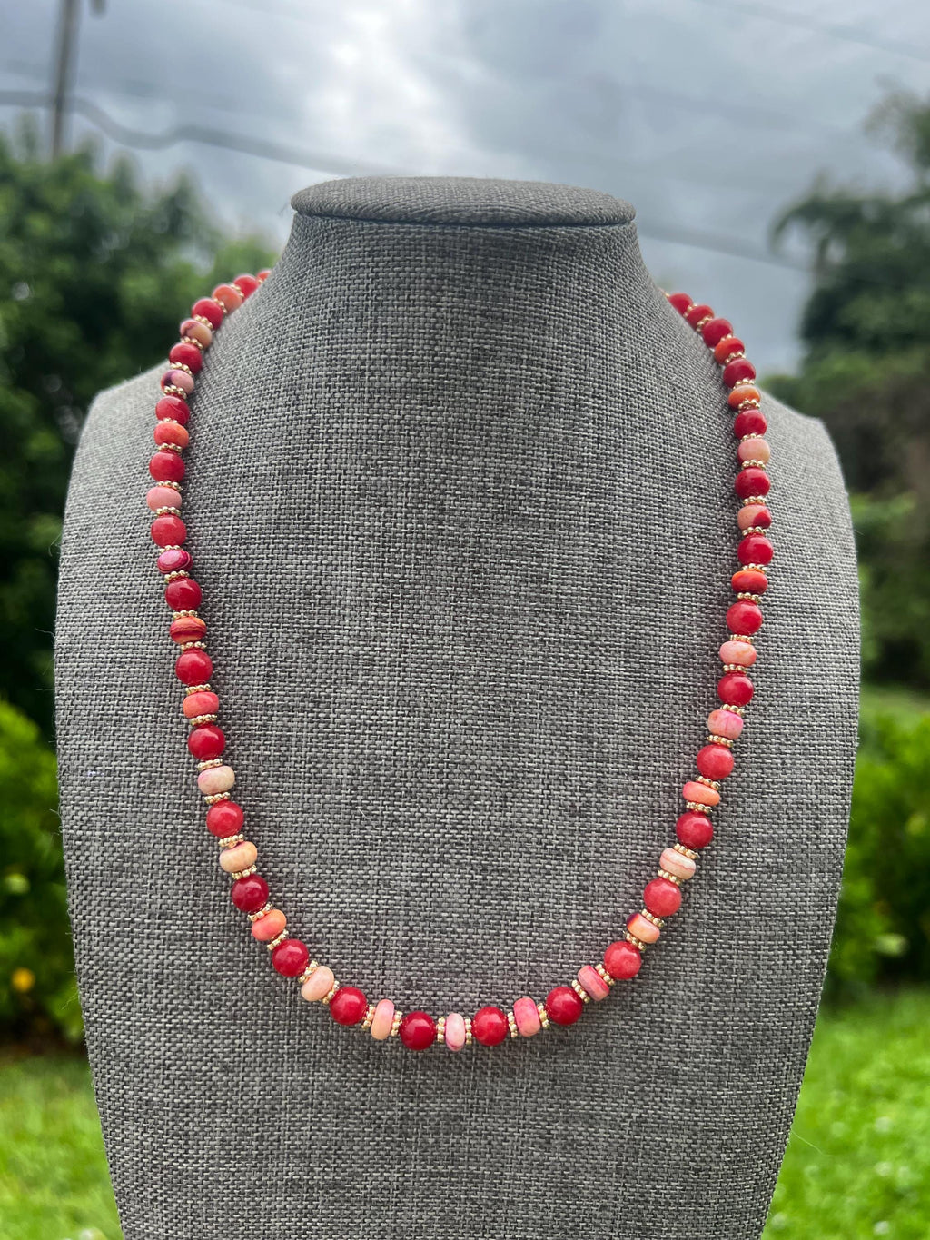 Red Dyed Jade + Multi Opal Heishi Crystal Necklace
