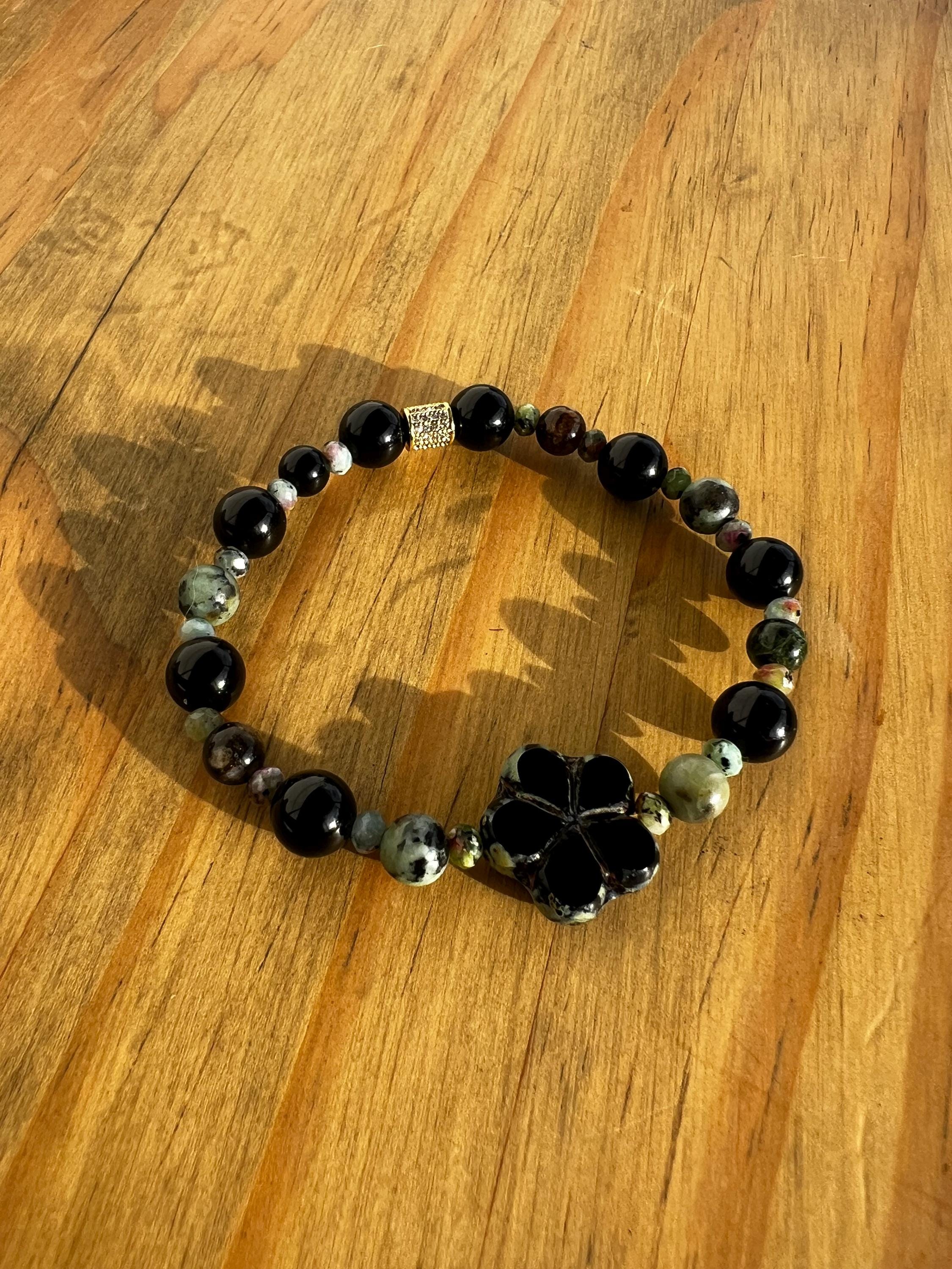 Black Onyx + Agate Flower Crystal Bracelet