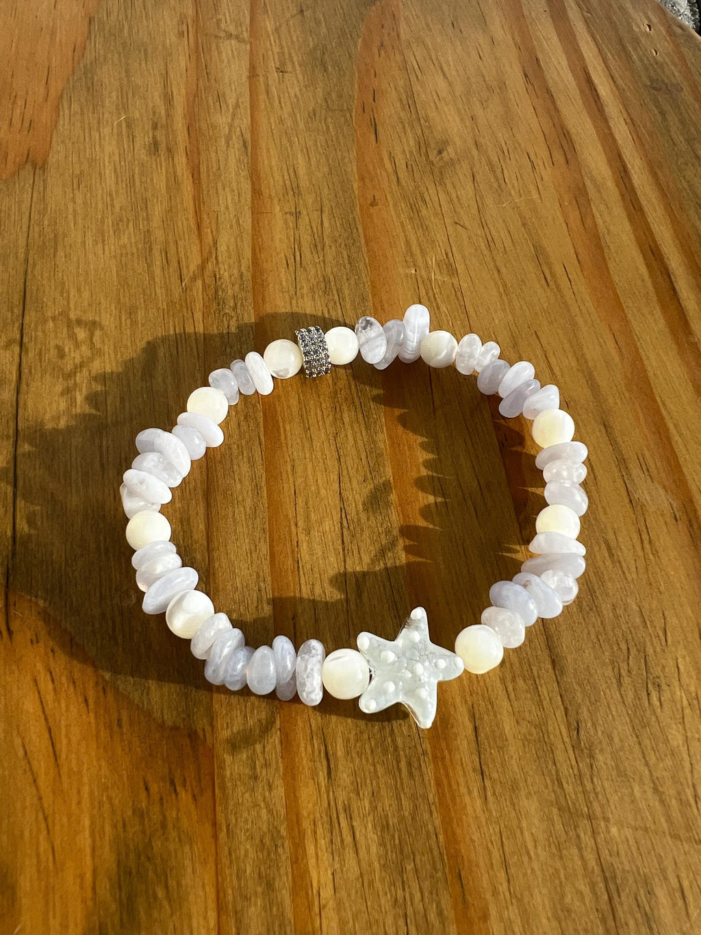 Blue Lace Agate + Mother Of Pearl Starfish Crystal Bracelet