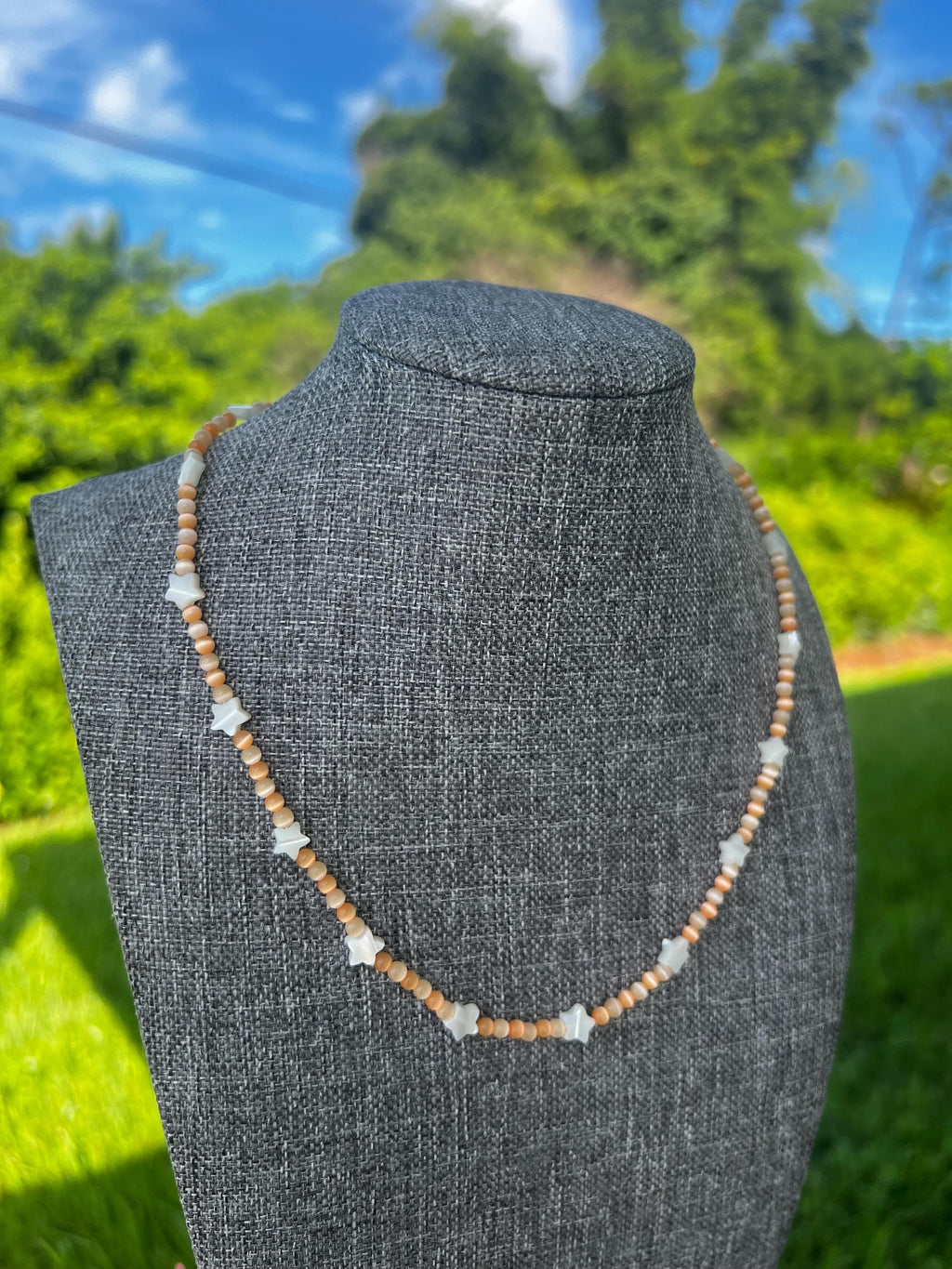 Peachy Cats Eye + Mother Of Pearl Star Necklace
