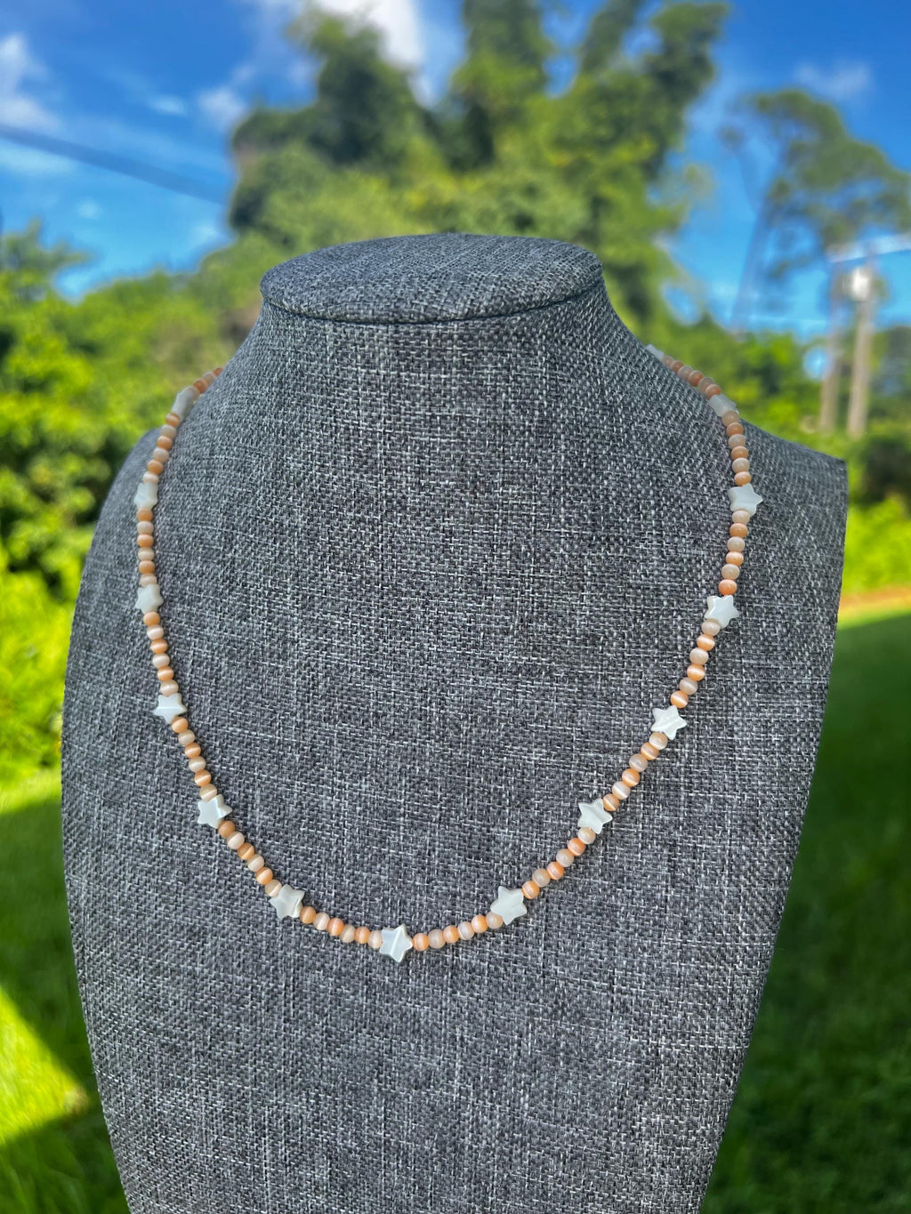 Peachy Cats Eye + Mother Of Pearl Star Necklace