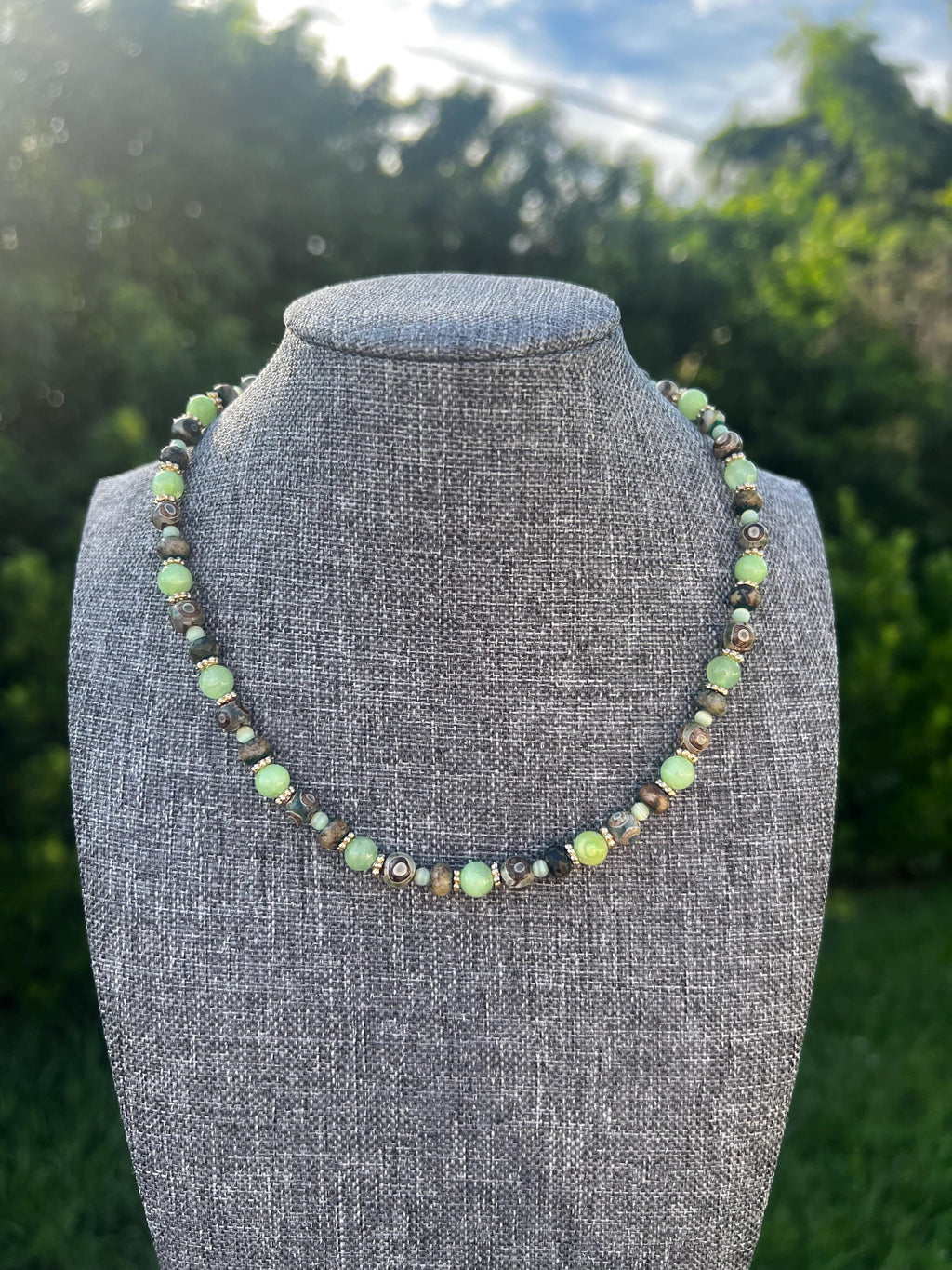 Dyed Jade + Chrysocolla + Etched Agate Crystal Necklace