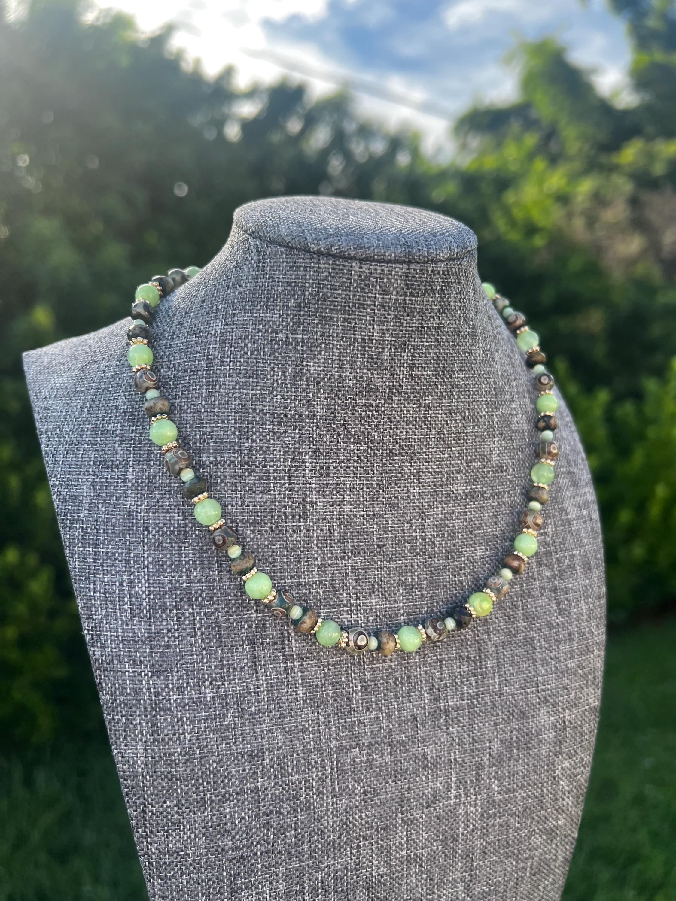 Dyed Jade + Chrysocolla + Etched Agate Crystal Necklace