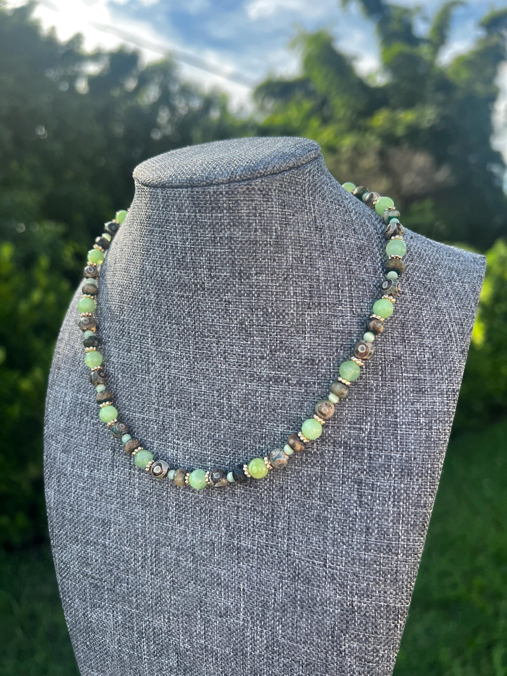Dyed Jade + Chrysocolla + Etched Agate Crystal Necklace