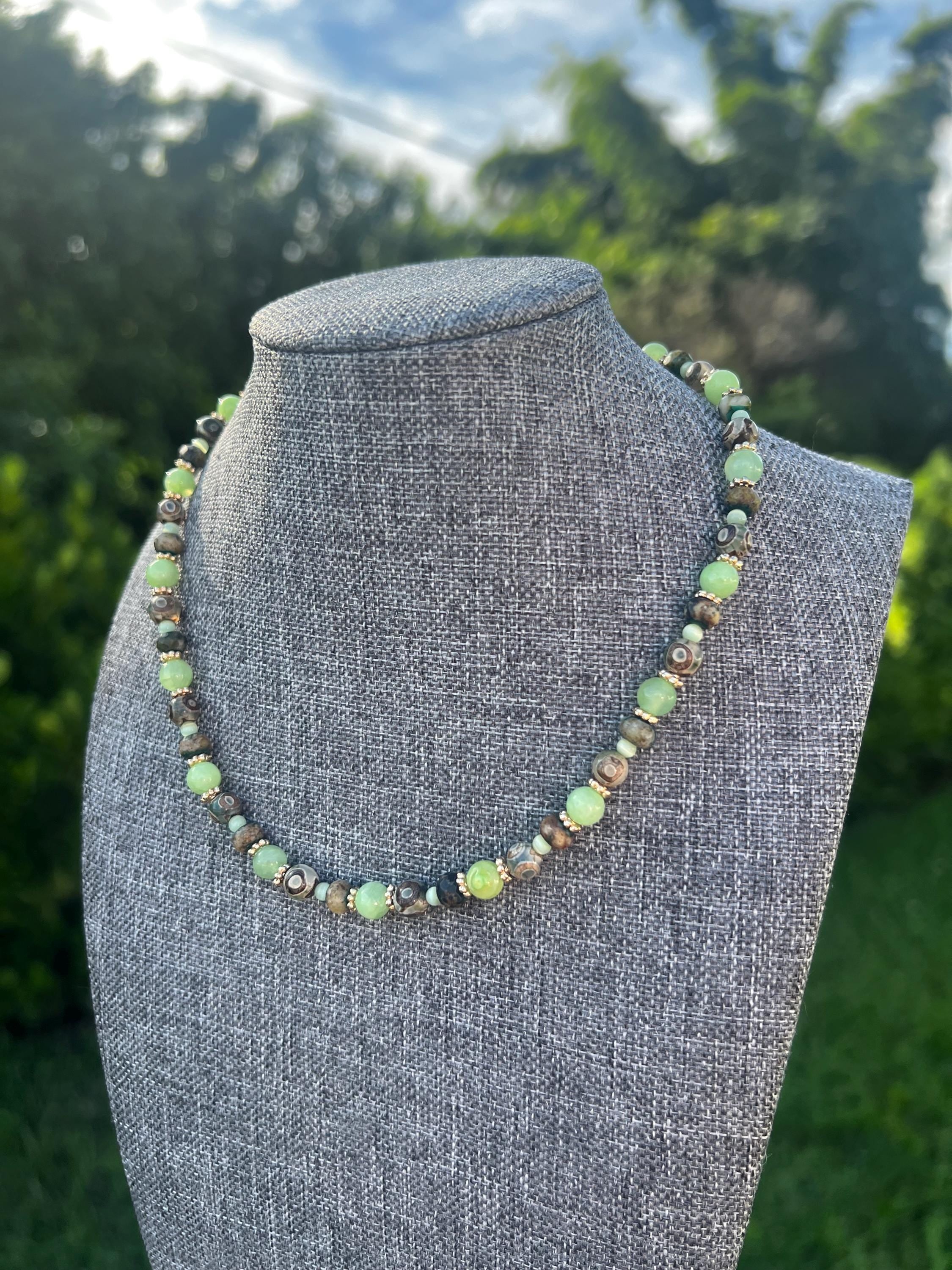 Dyed Jade + Chrysocolla + Etched Agate Crystal Necklace