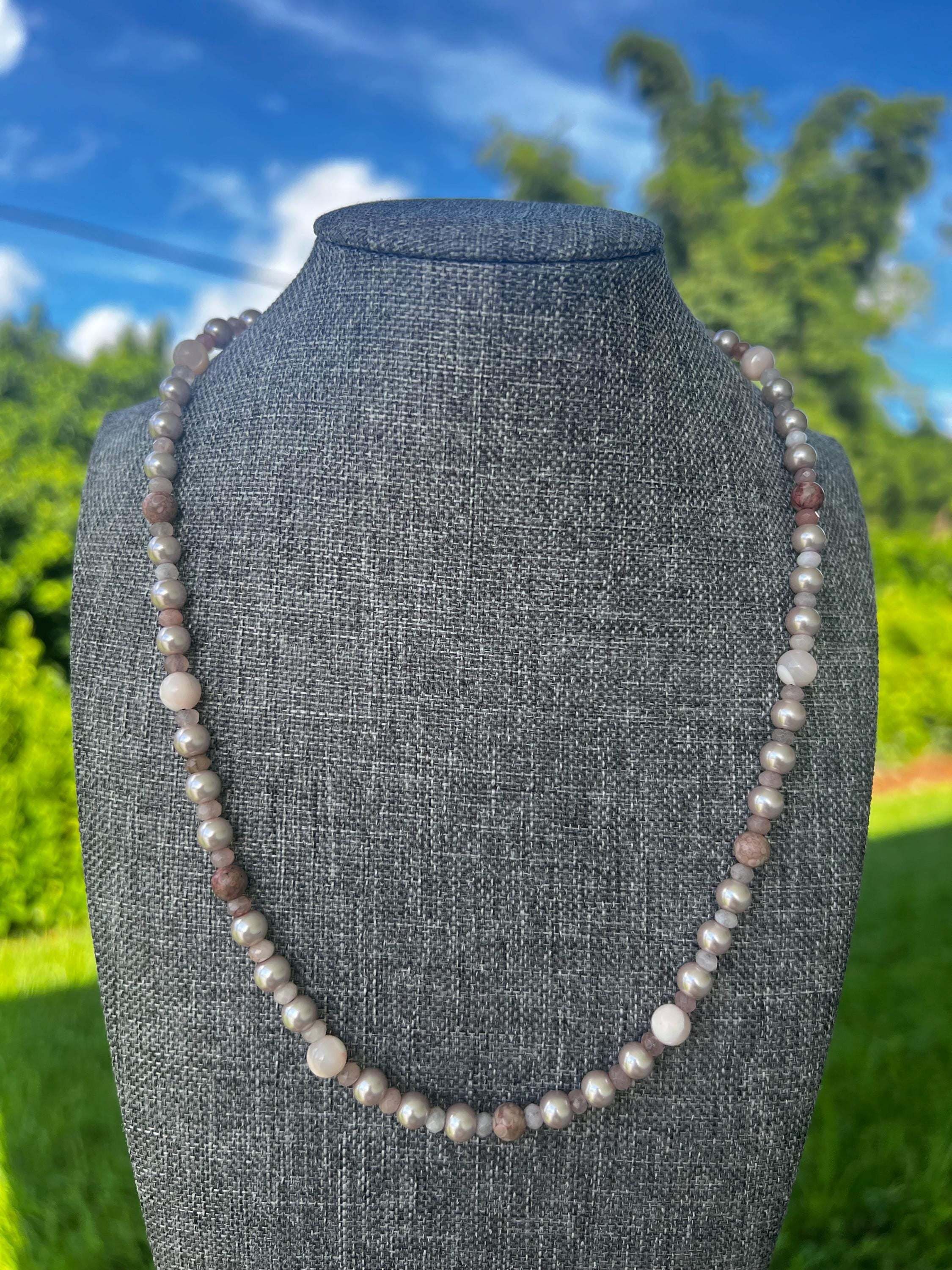 Maifan Jasper + Glass Pearl Crystal Necklace