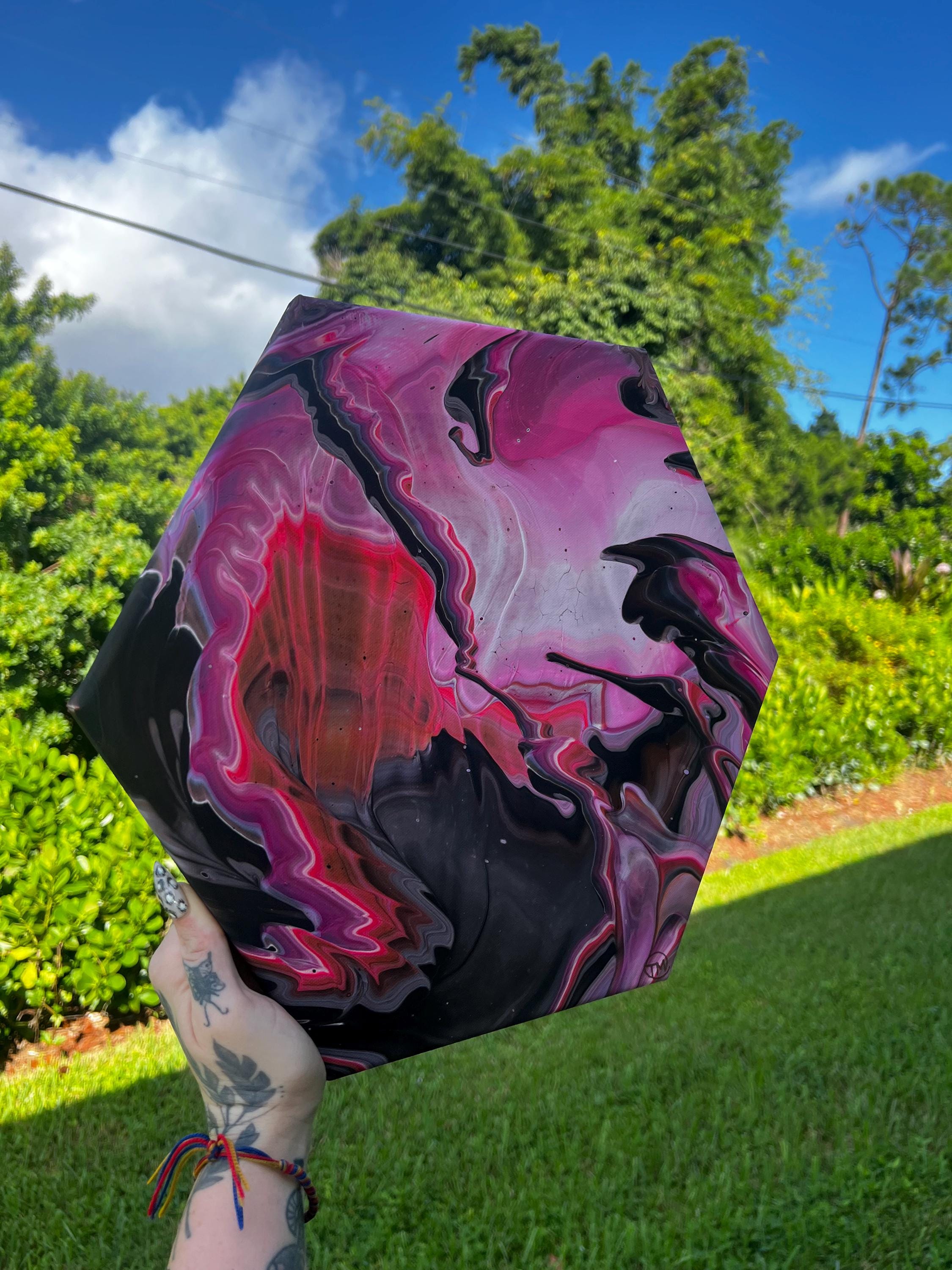Nocturne In Fuchsia Hexagon Acrylic Pour Painting