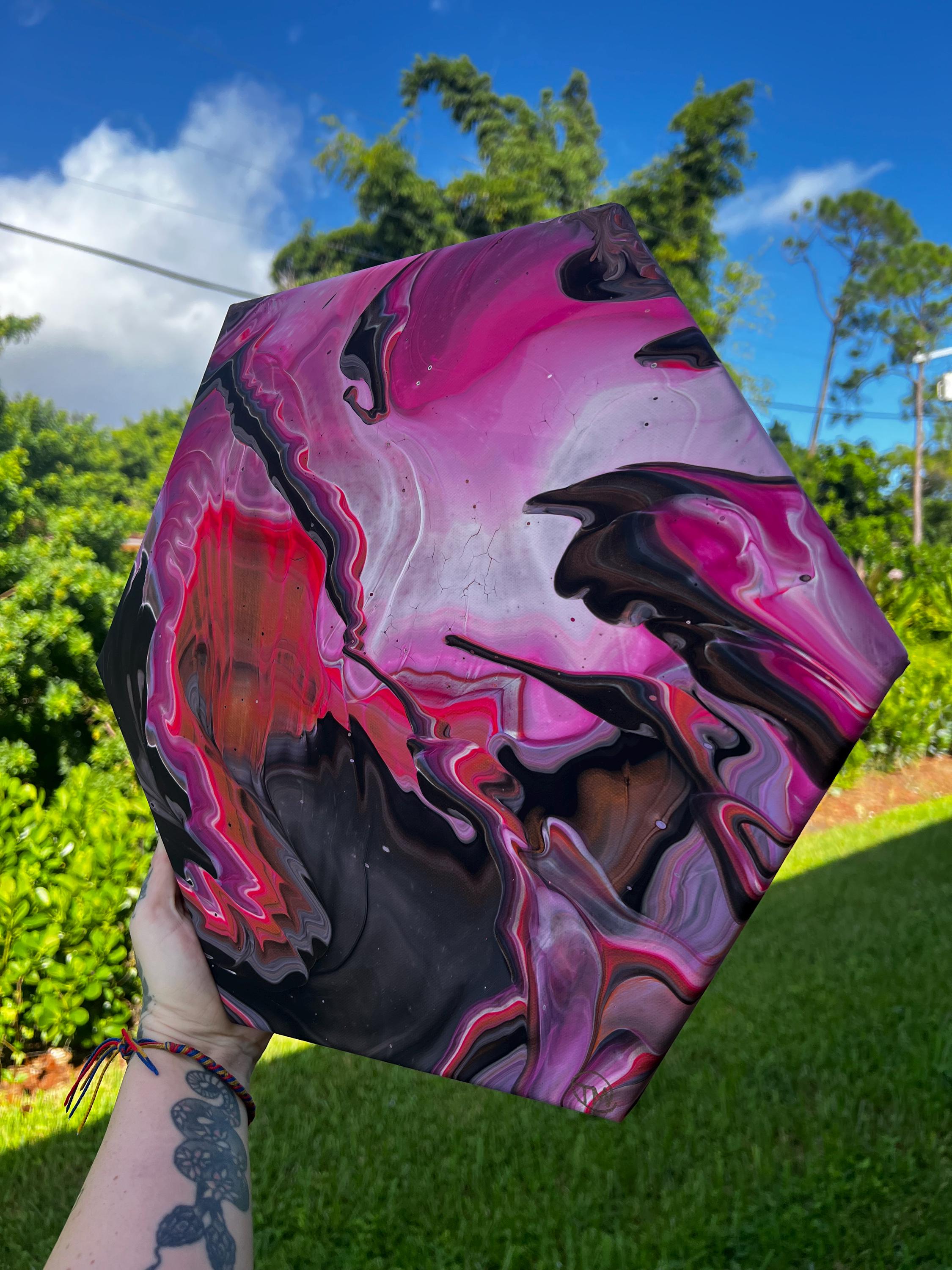 Nocturne In Fuchsia Hexagon Acrylic Pour Painting