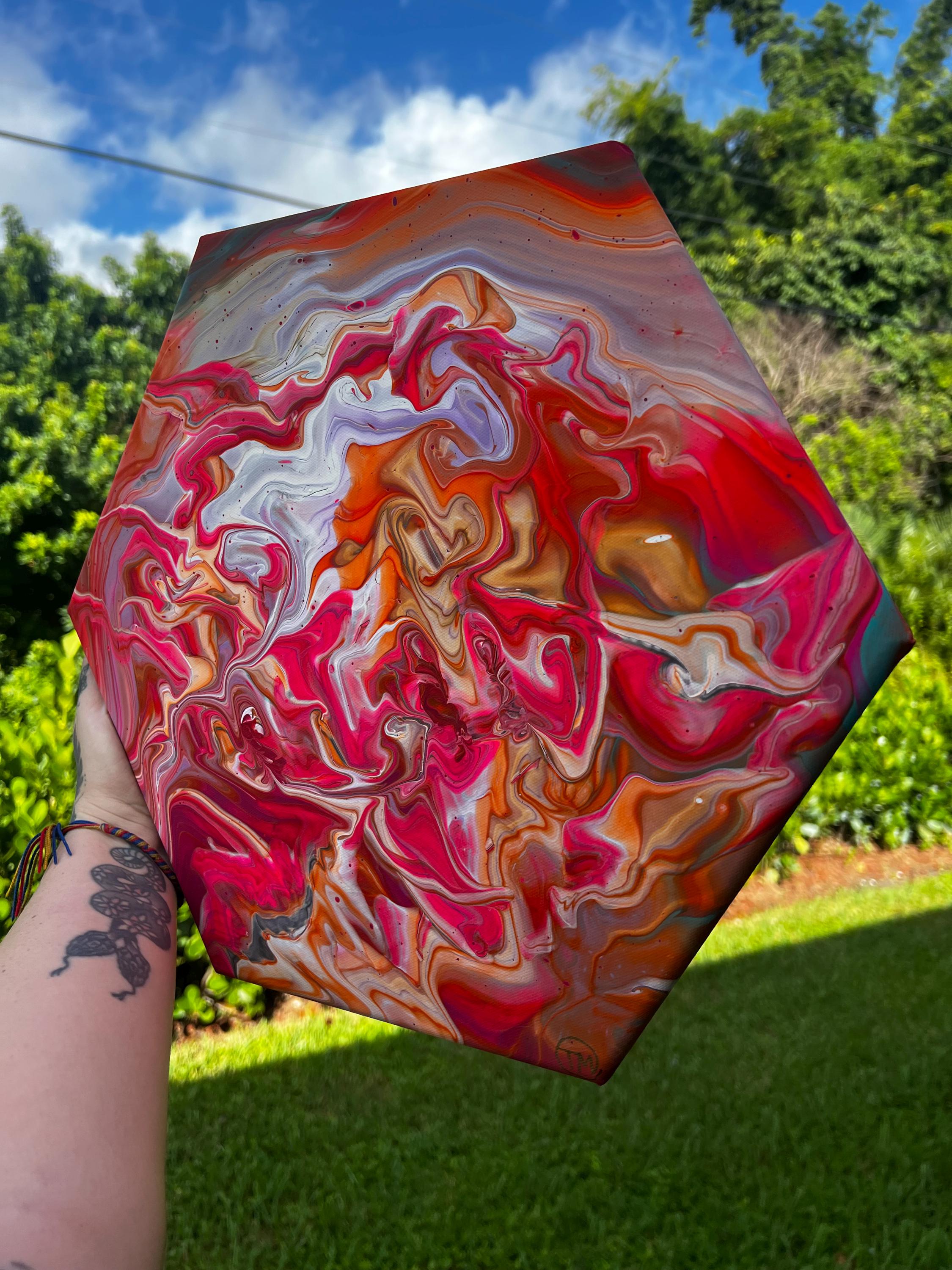Pulse Of Vermilion Hexagon Acrylic Pour Painting