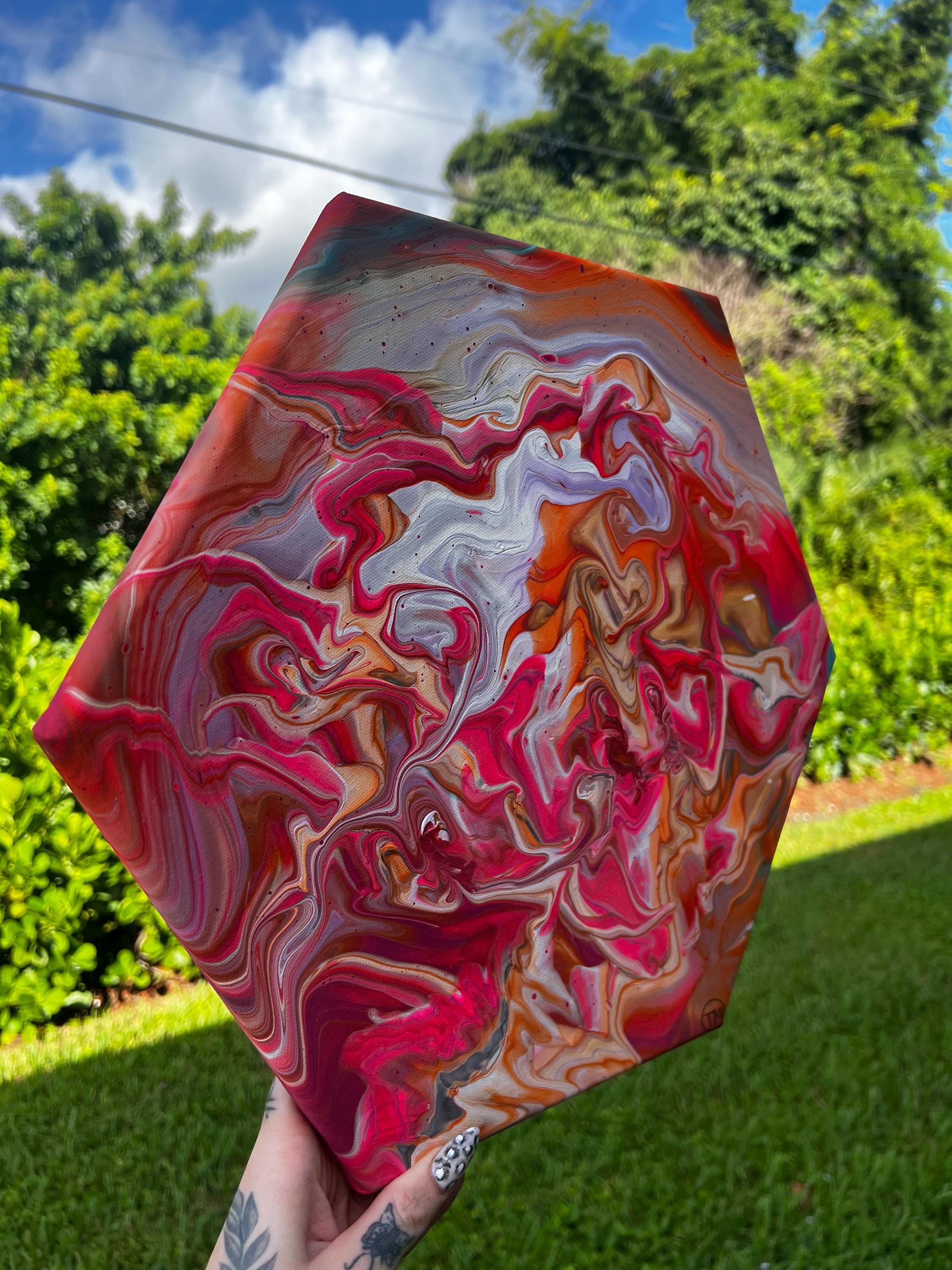 Pulse Of Vermilion Hexagon Acrylic Pour Painting