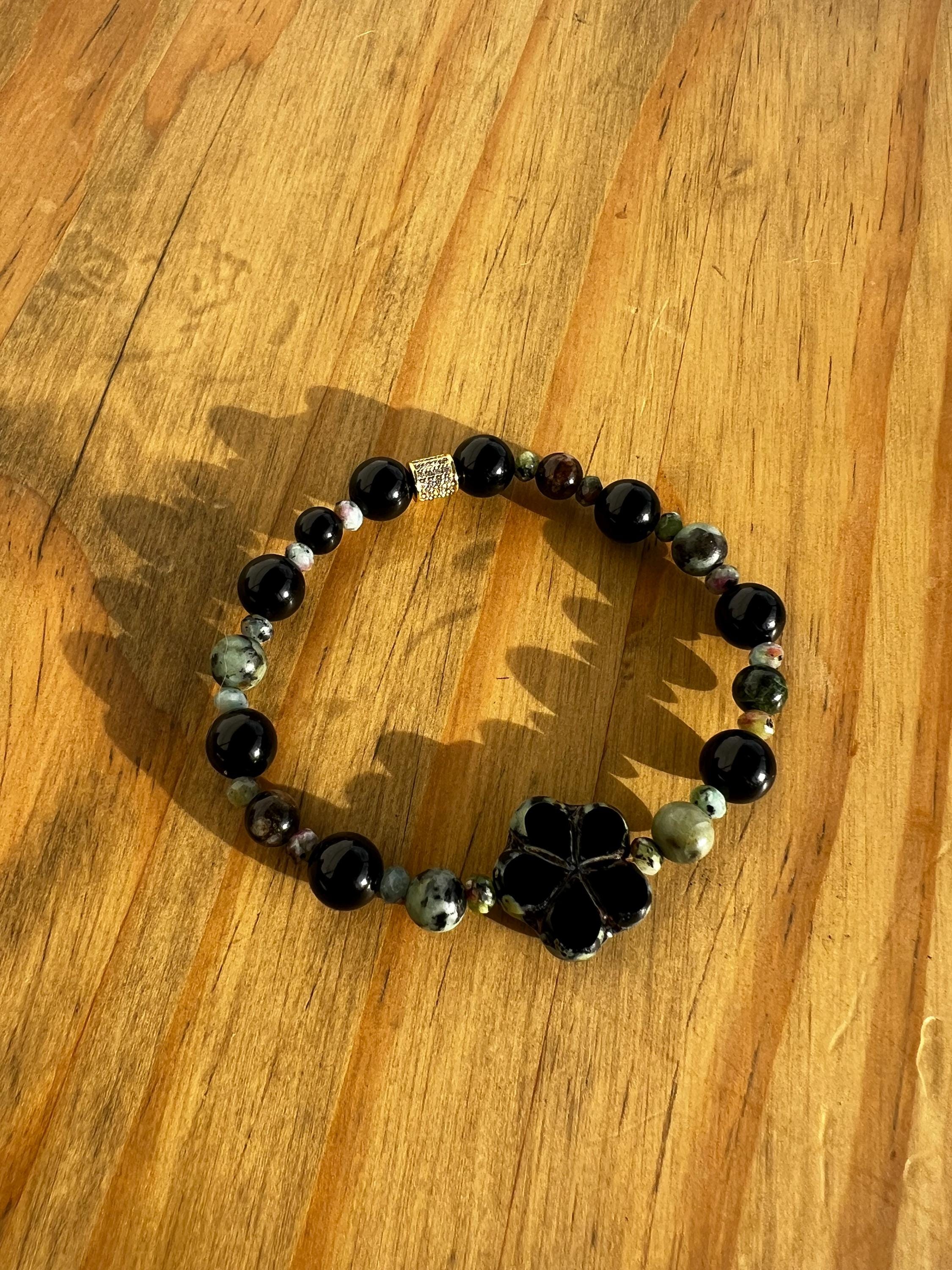Black Onyx + Agate Flower Crystal Bracelet