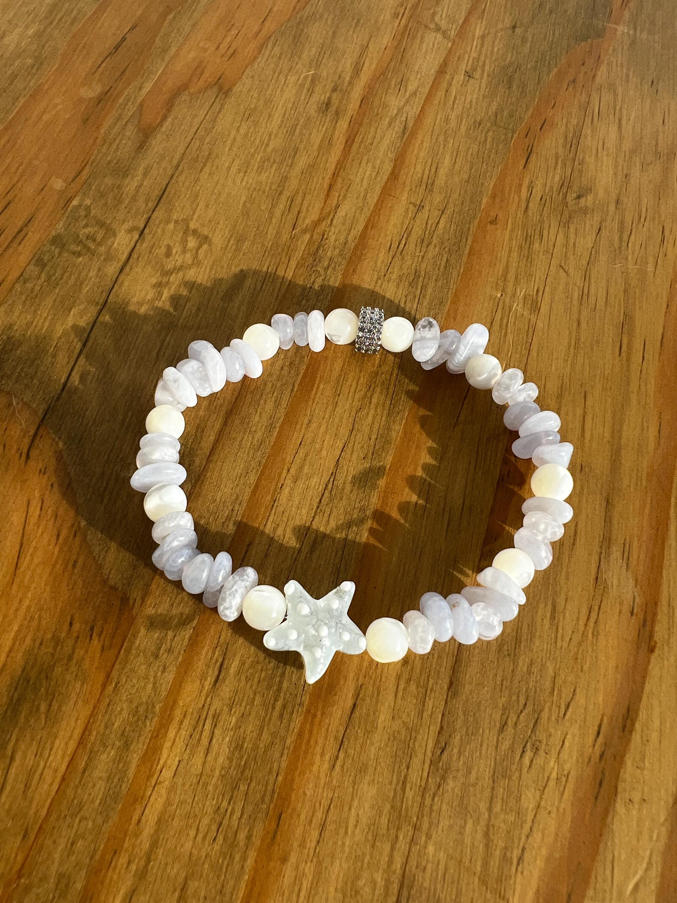 Blue Lace Agate + Mother Of Pearl Starfish Crystal Bracelet