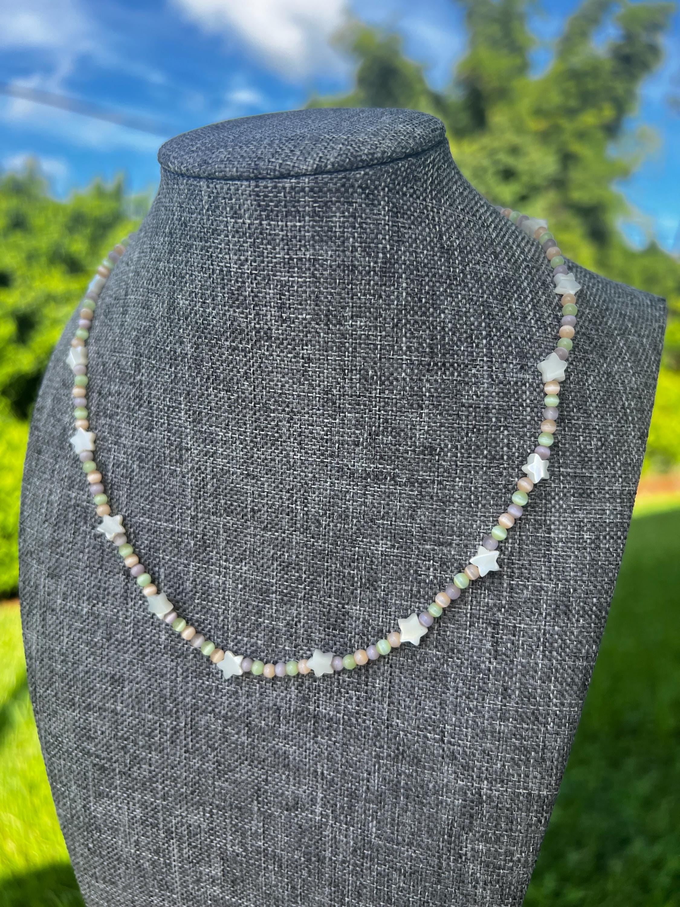Pastel Dream Cats Eye + Mother Of Pearl Star Necklace