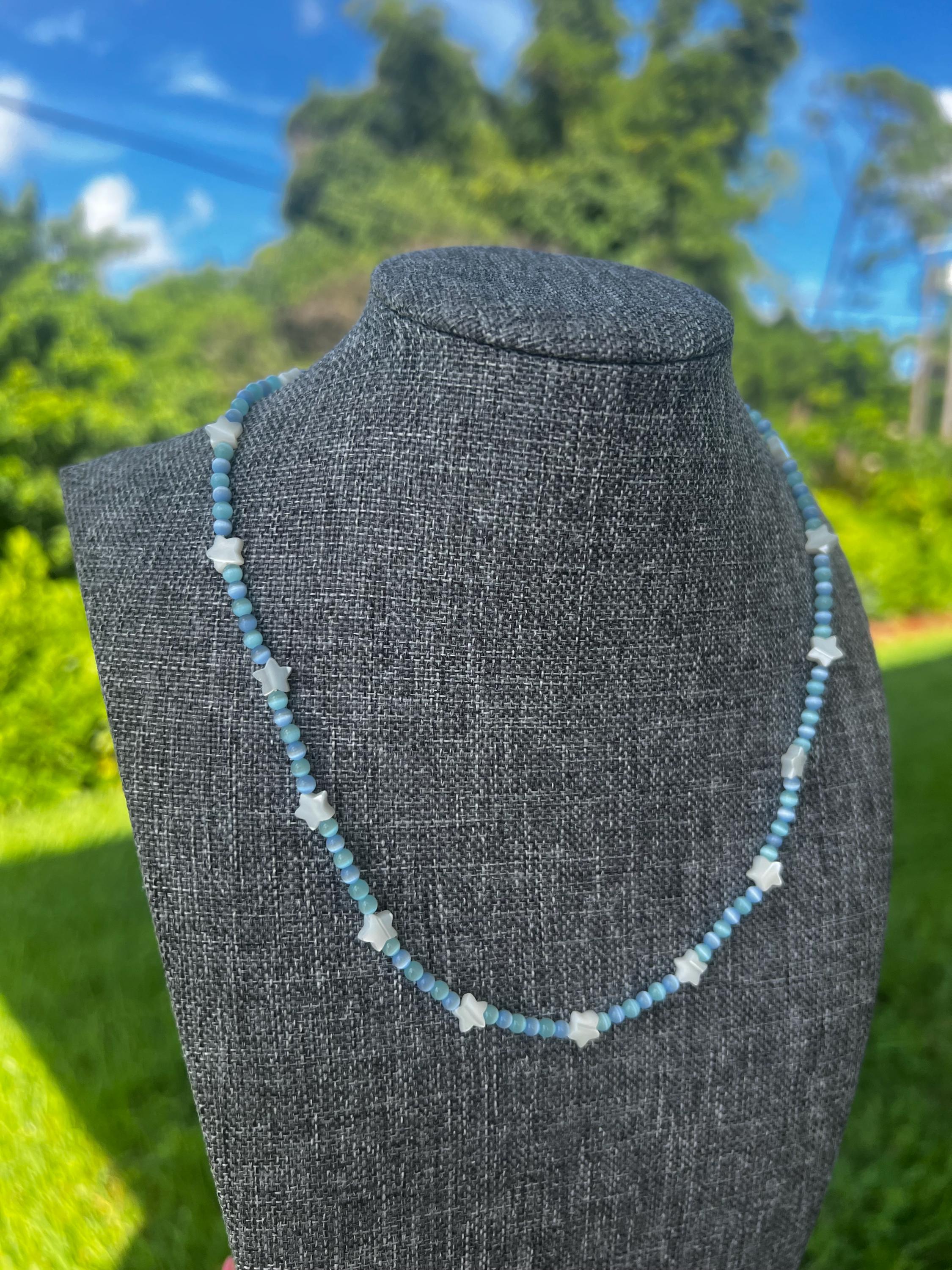 Blue Cats Eye + Mother Of Pearl Star Necklace