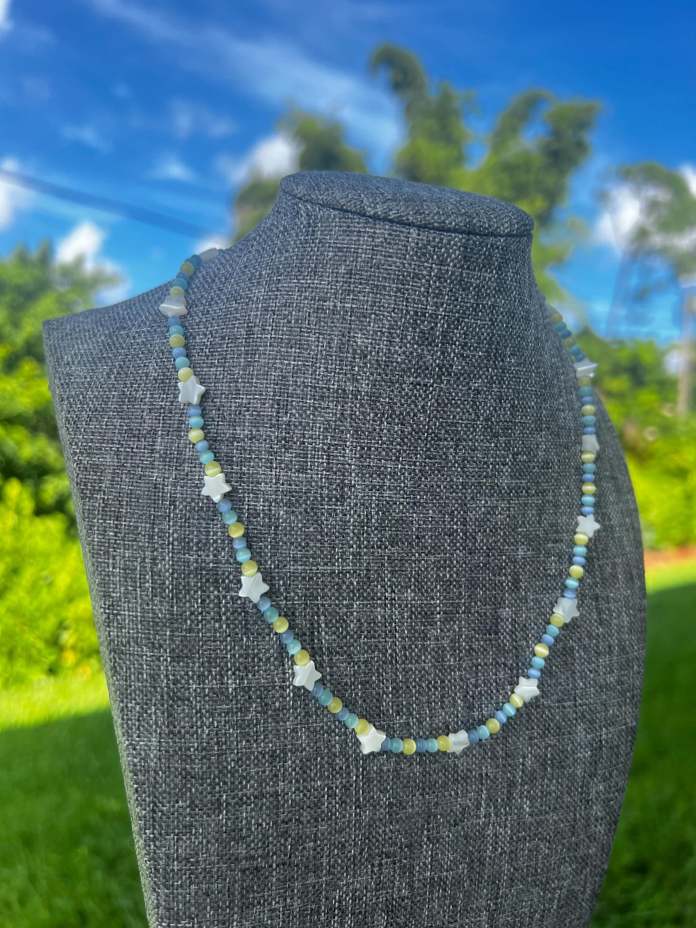 Cool Colored Cats Eye + Mother Of Pearl Star Necklace