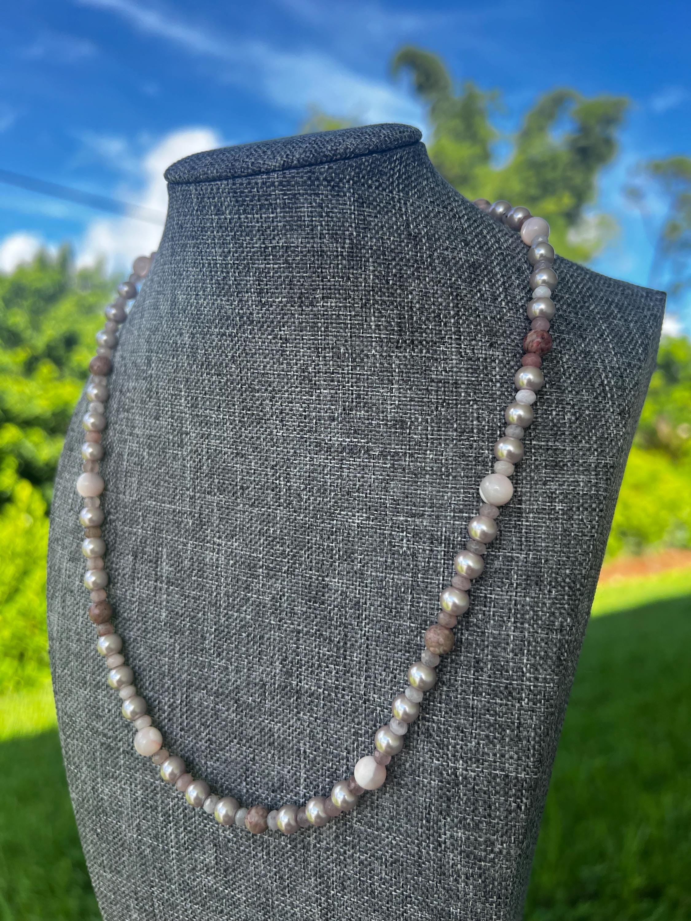 Maifan Jasper + Glass Pearl Crystal Necklace