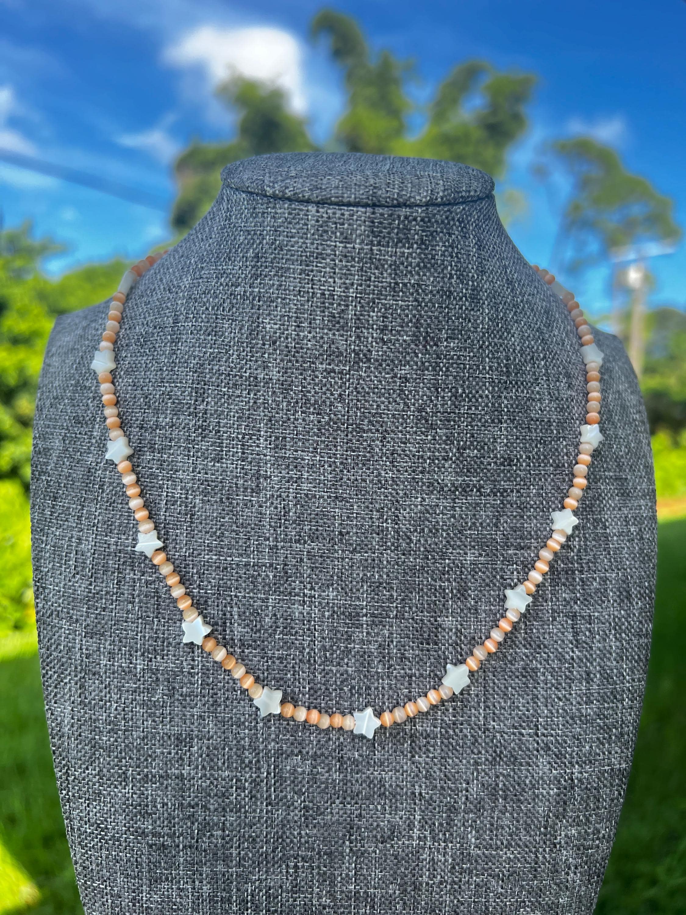 Peachy Cats Eye + Mother Of Pearl Star Necklace