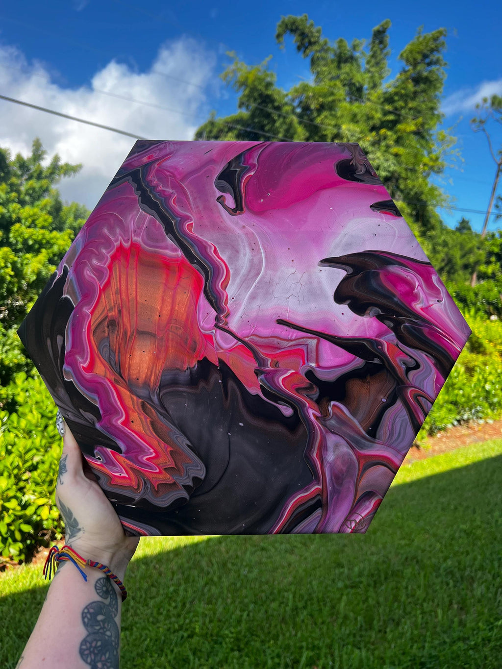 Nocturne In Fuchsia Hexagon Acrylic Pour Painting