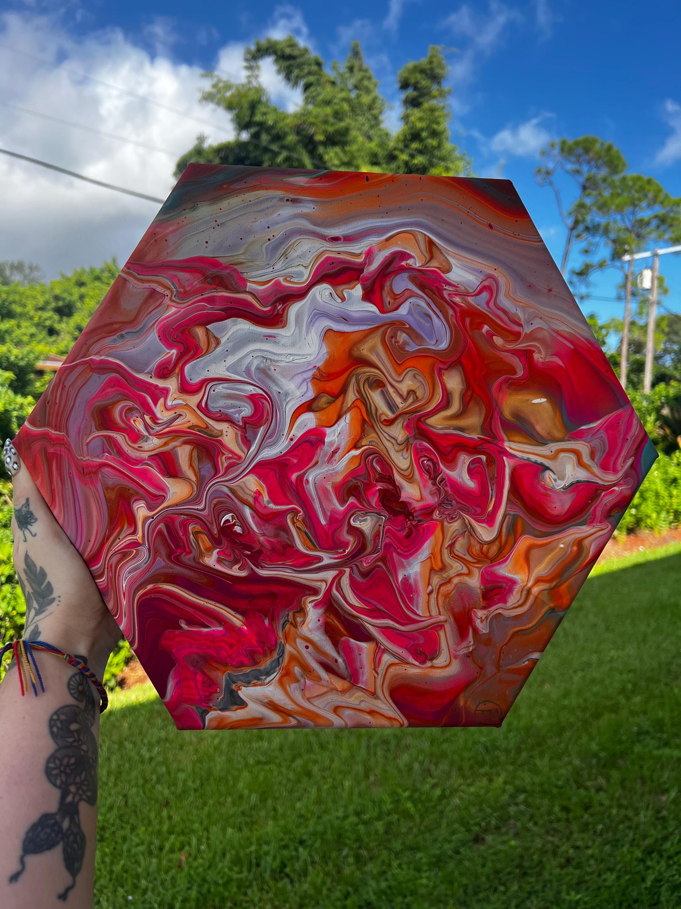 Pulse Of Vermilion Hexagon Acrylic Pour Painting