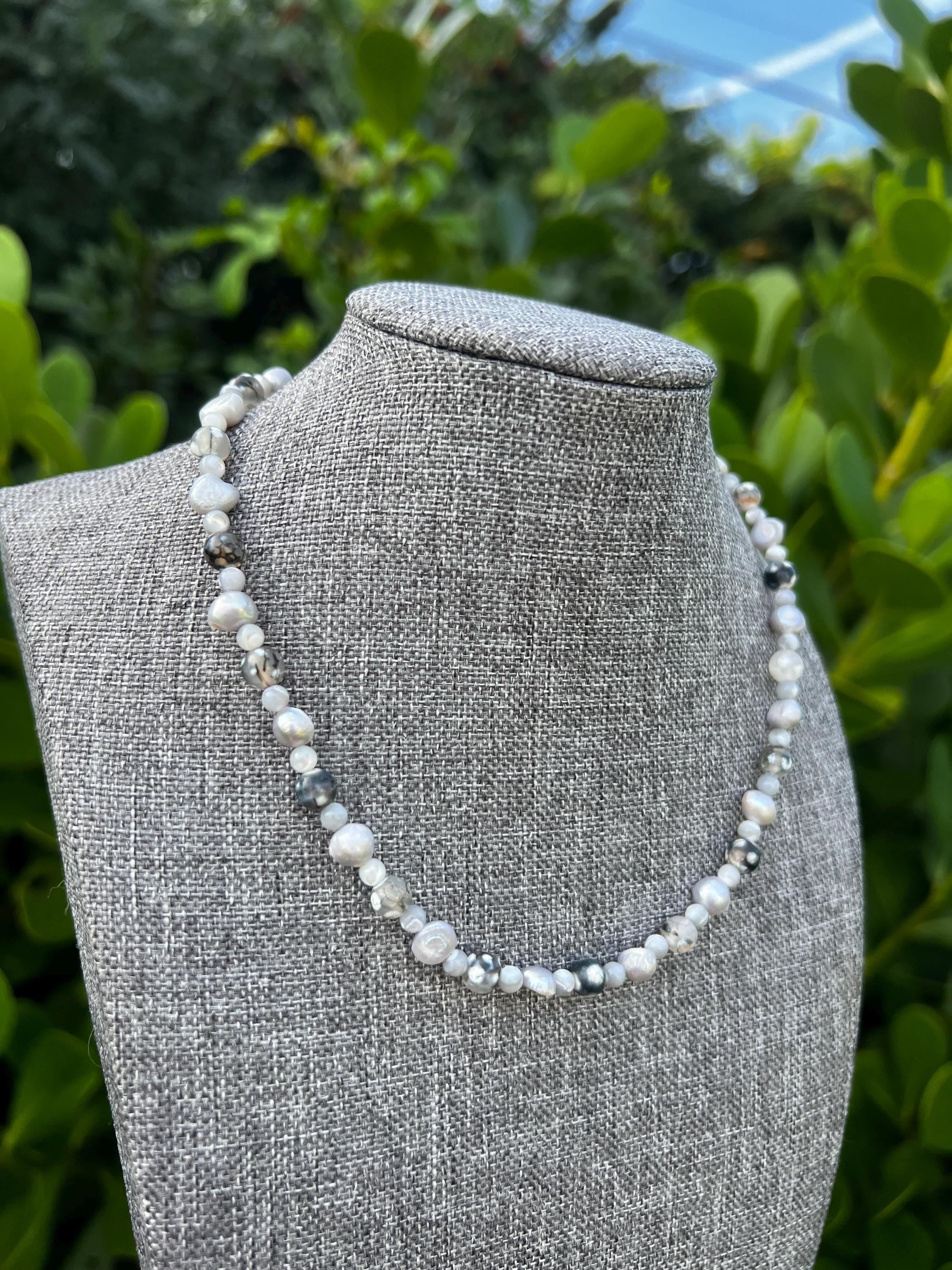 Dyed Fire Agate + Grey Mother Of Pearl Crystal Necklace