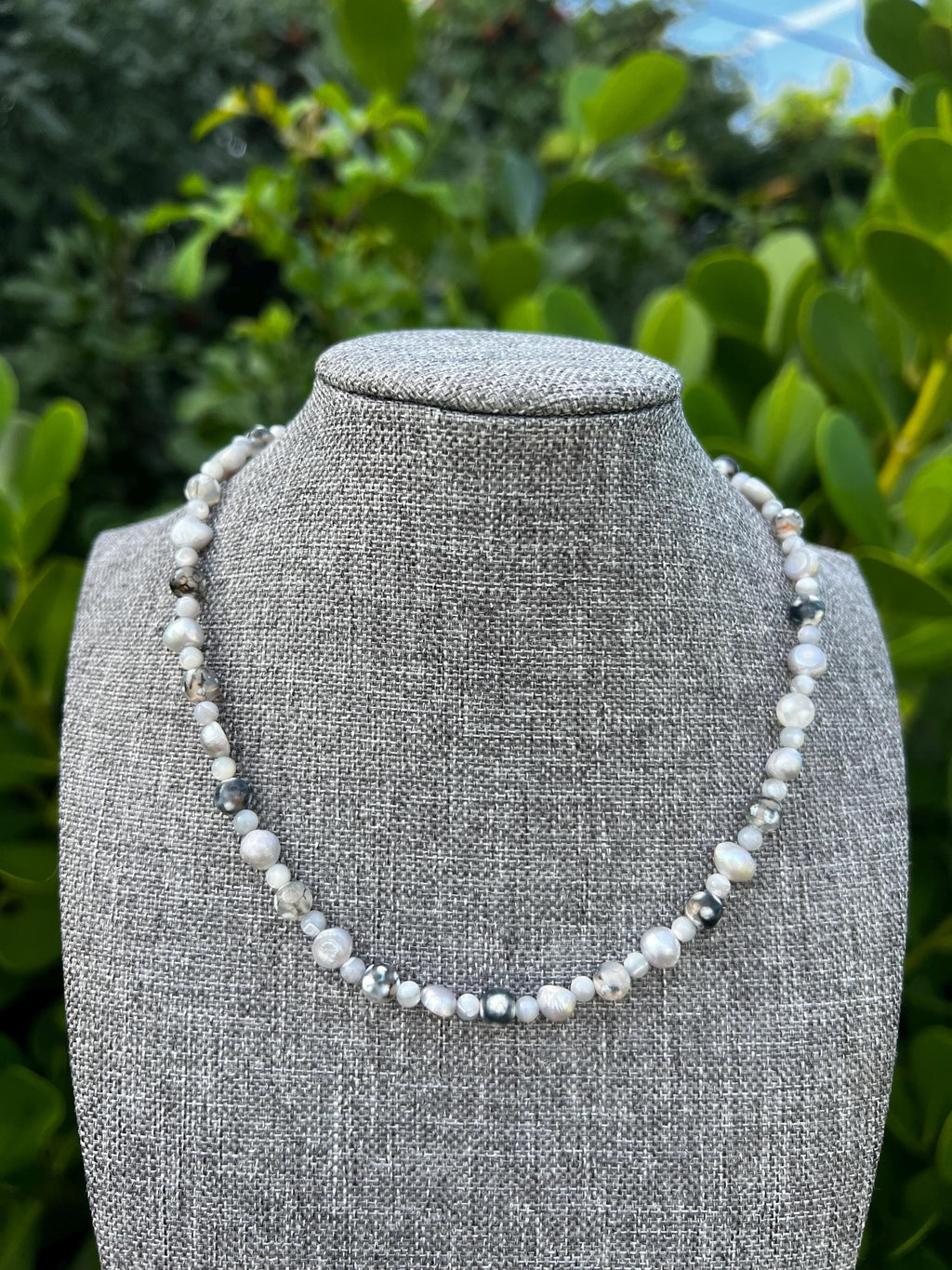 Dyed Fire Agate + Grey Mother Of Pearl Crystal Necklace