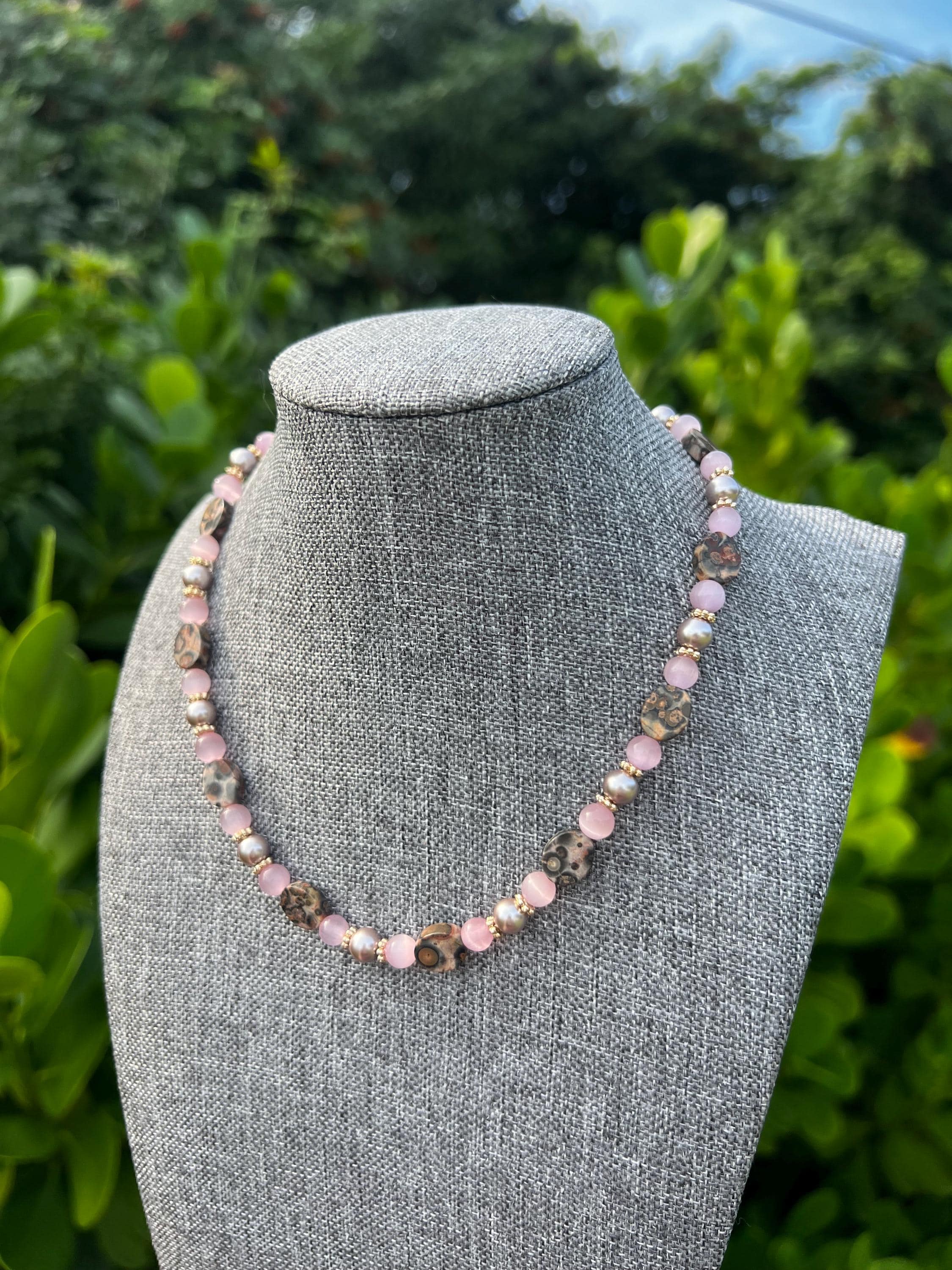 Leopard Rose Quartz + Pink Glass Pearl Crystal Necklace