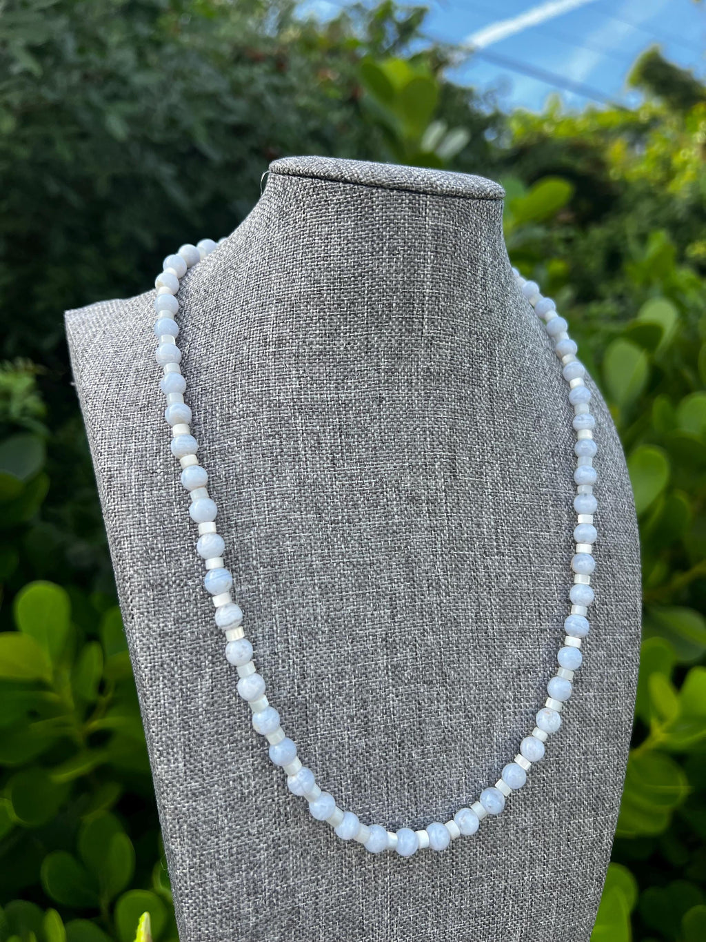 Blue Lace Agate + Mother Of Pearl Crystal Necklace