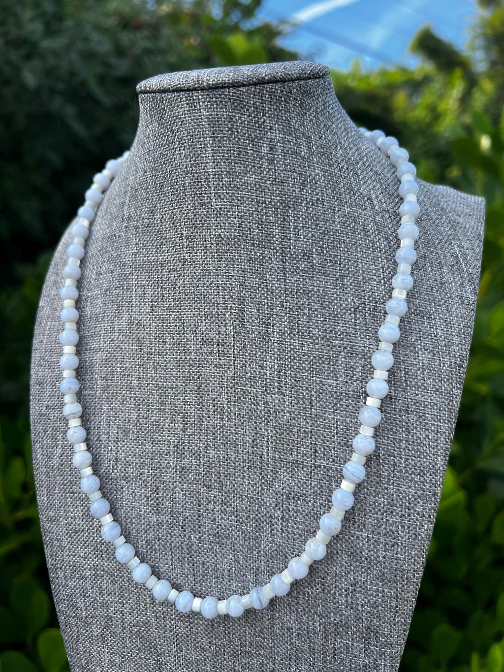 Blue Lace Agate + Mother Of Pearl Crystal Necklace