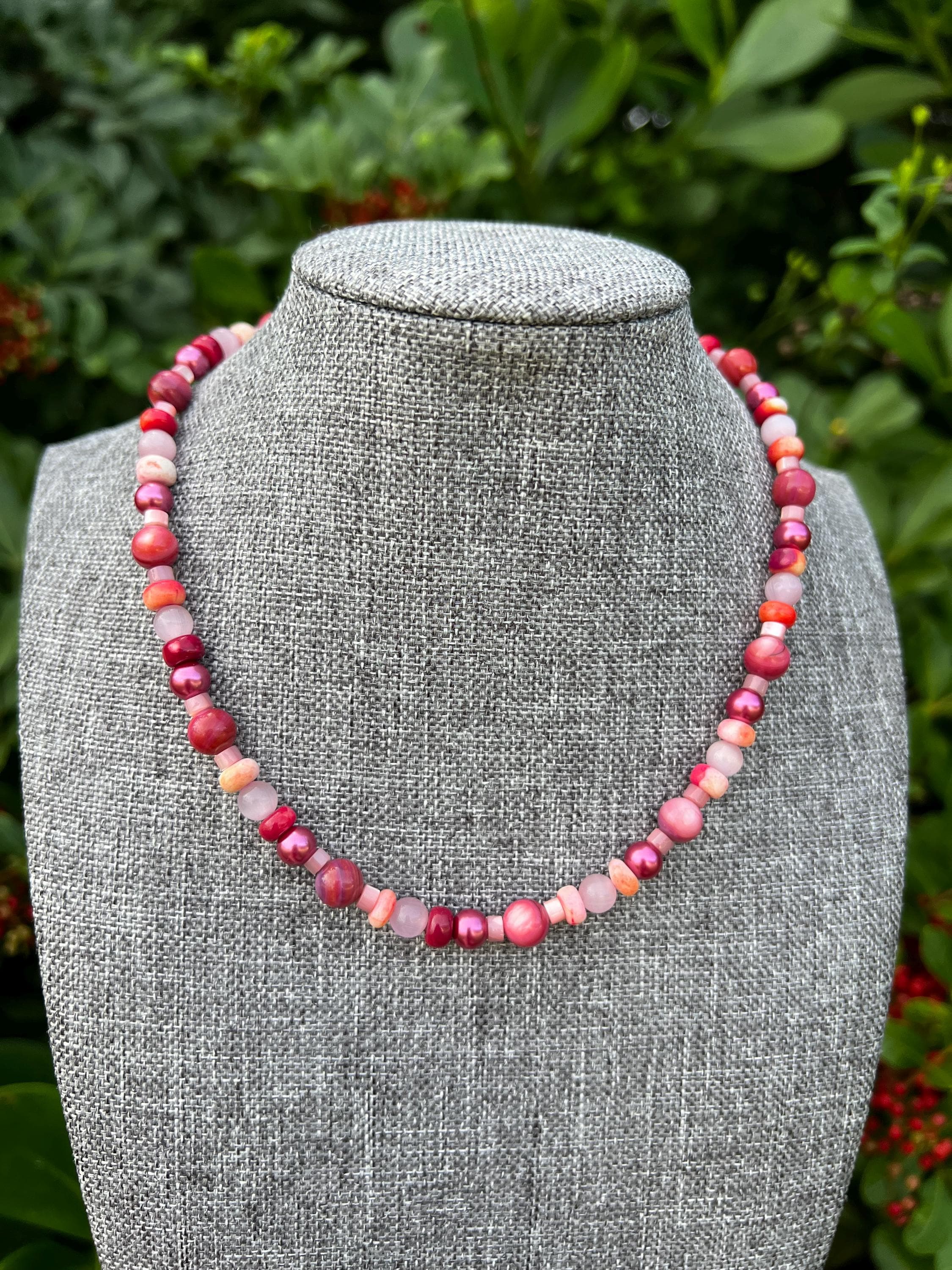 Pink Cats Eye + Multi Opal + Dyed Ruby Quartz Mother Of Pearl Crystal Necklace