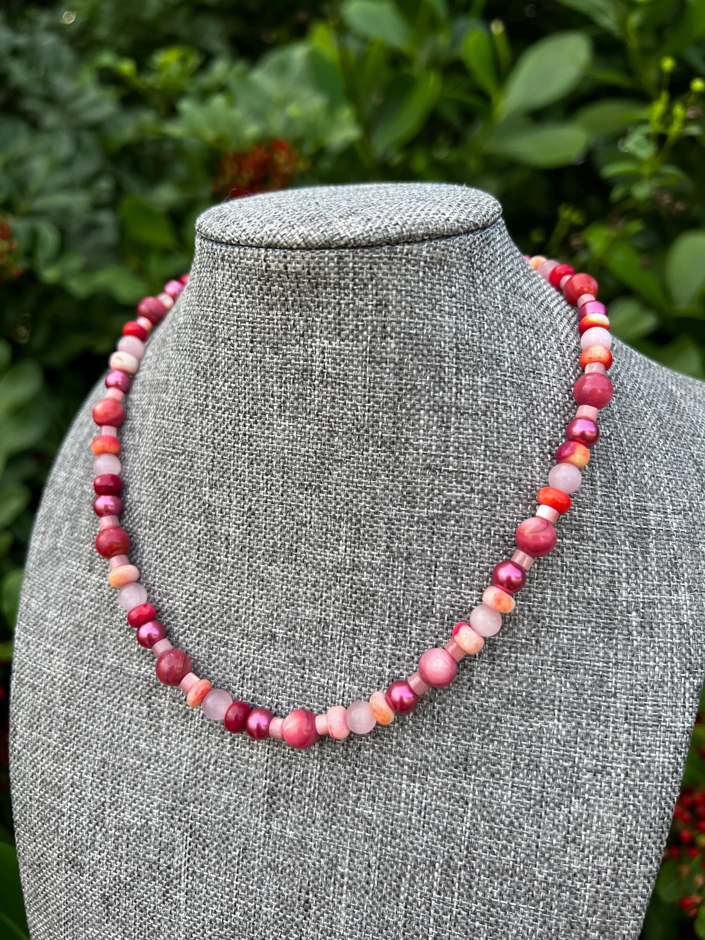 Pink Cats Eye + Multi Opal + Dyed Ruby Quartz Mother Of Pearl Crystal Necklace