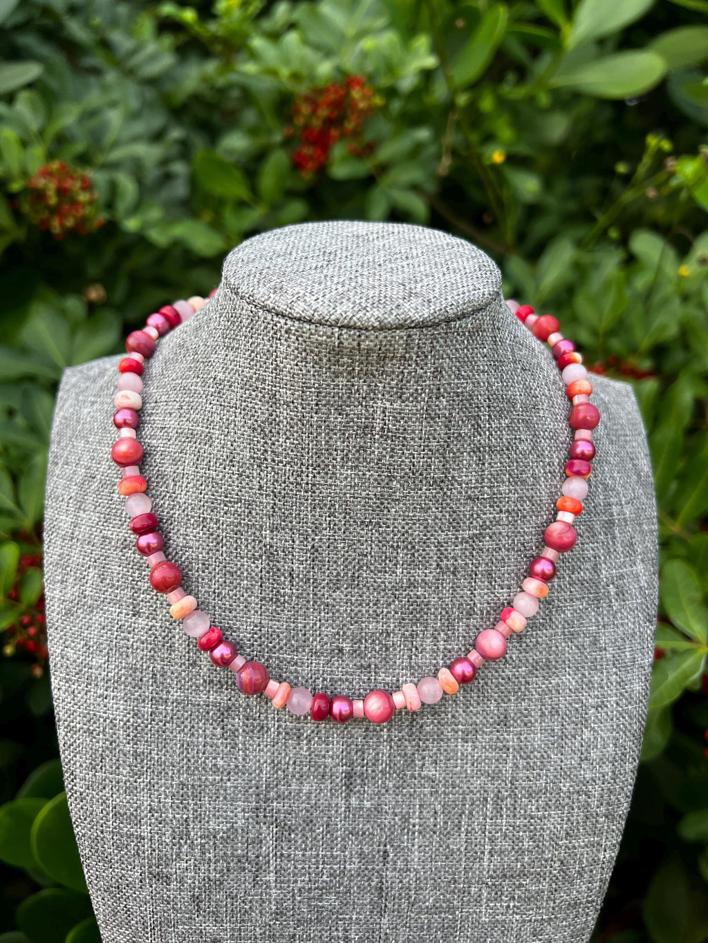 Pink Cats Eye + Multi Opal + Dyed Ruby Quartz Mother Of Pearl Crystal Necklace