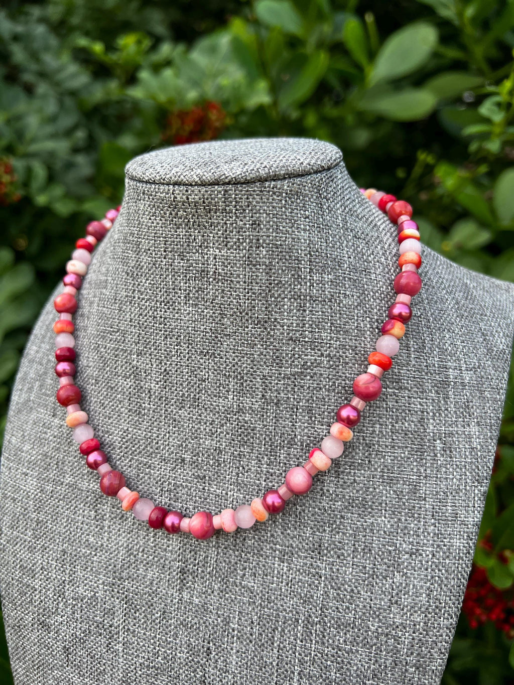 Pink Cats Eye + Multi Opal + Dyed Ruby Quartz Mother Of Pearl Crystal Necklace