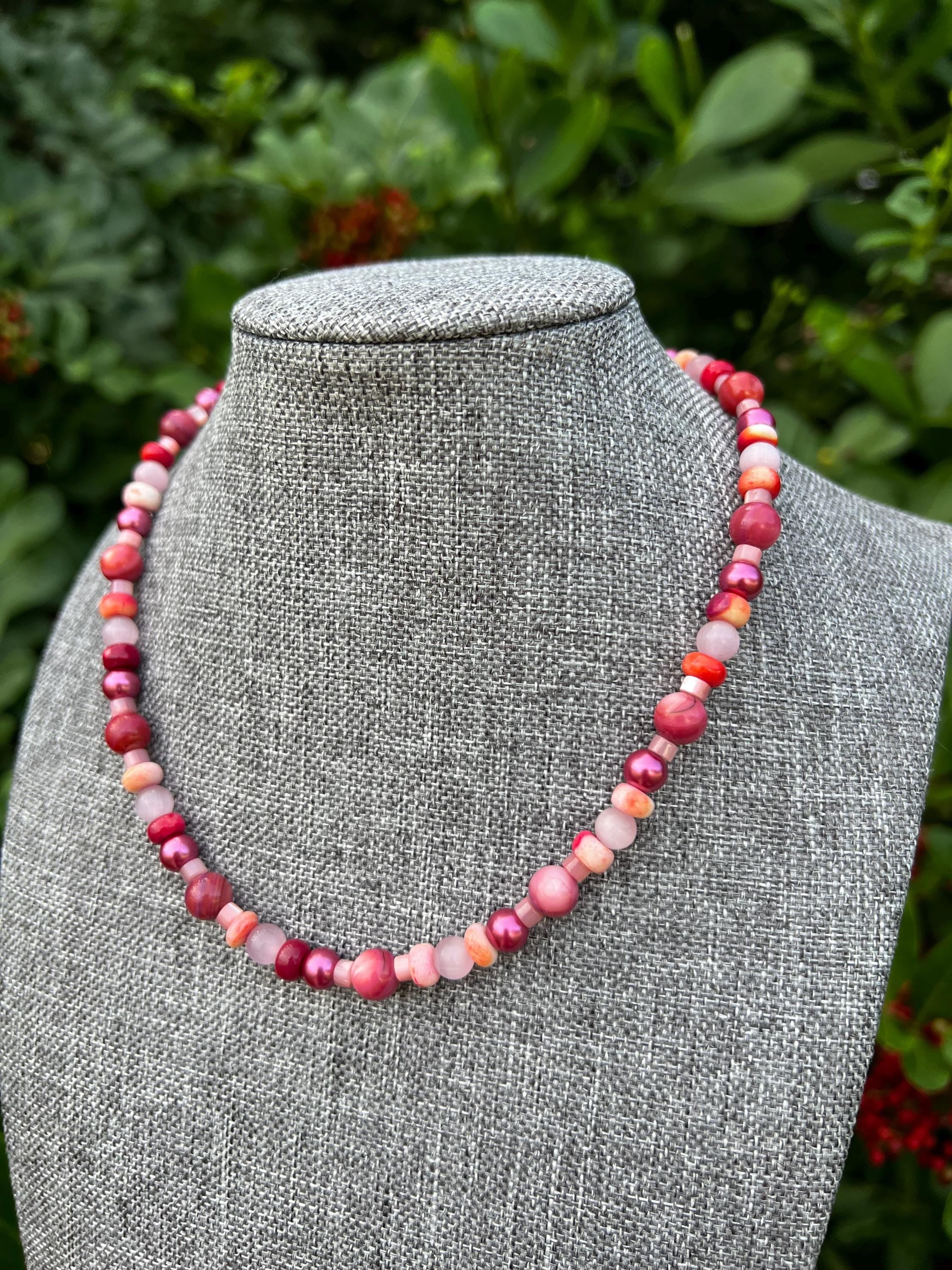 Pink Cats Eye + Multi Opal + Dyed Ruby Quartz Mother Of Pearl Crystal Necklace