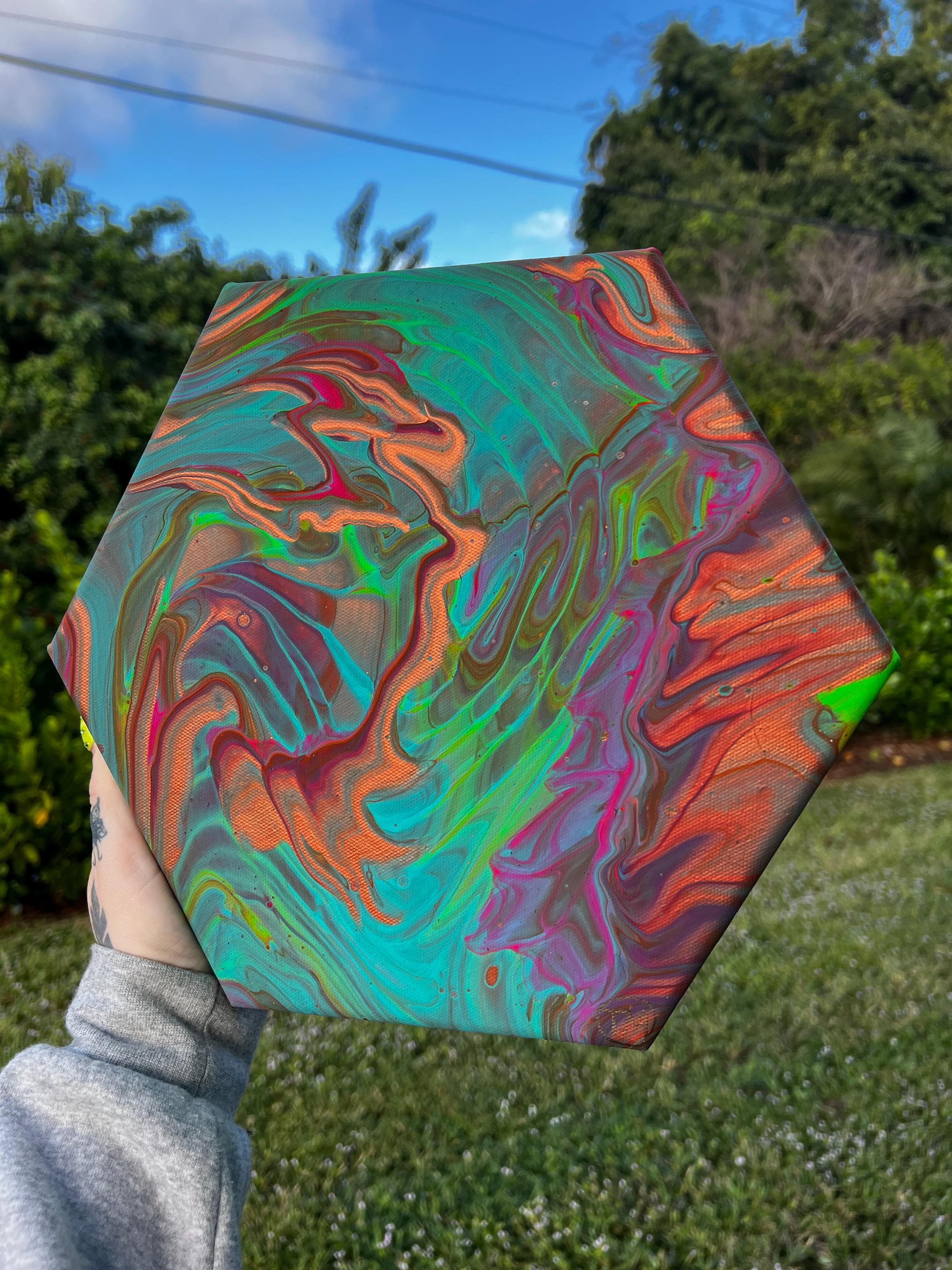 Chromatic Displacement Hexagon Acrylic Pour Painting