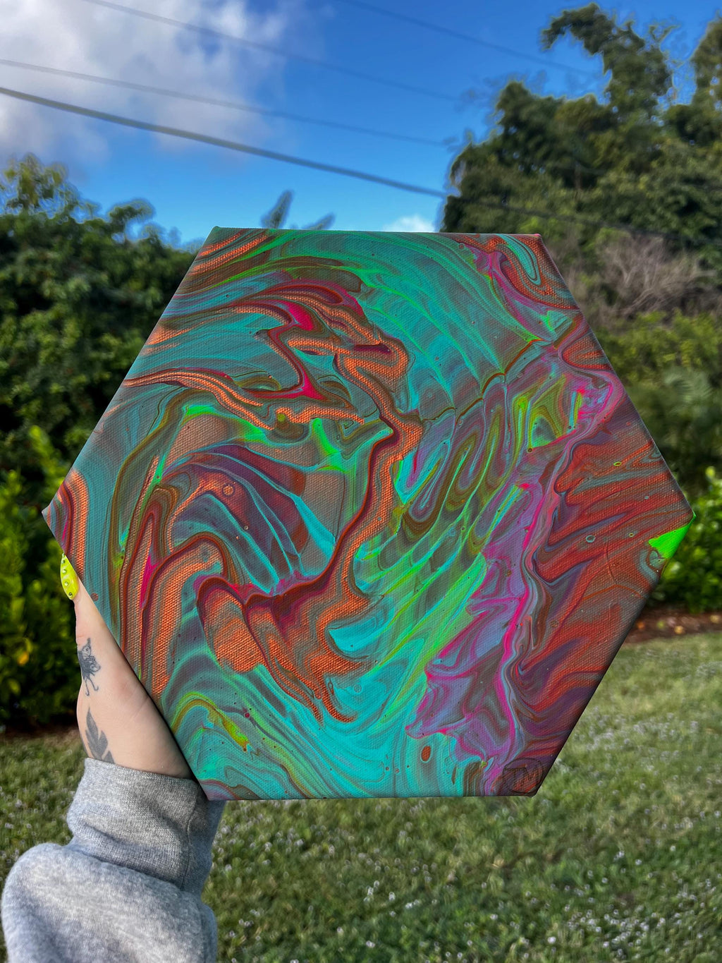 Chromatic Displacement Hexagon Acrylic Pour Painting