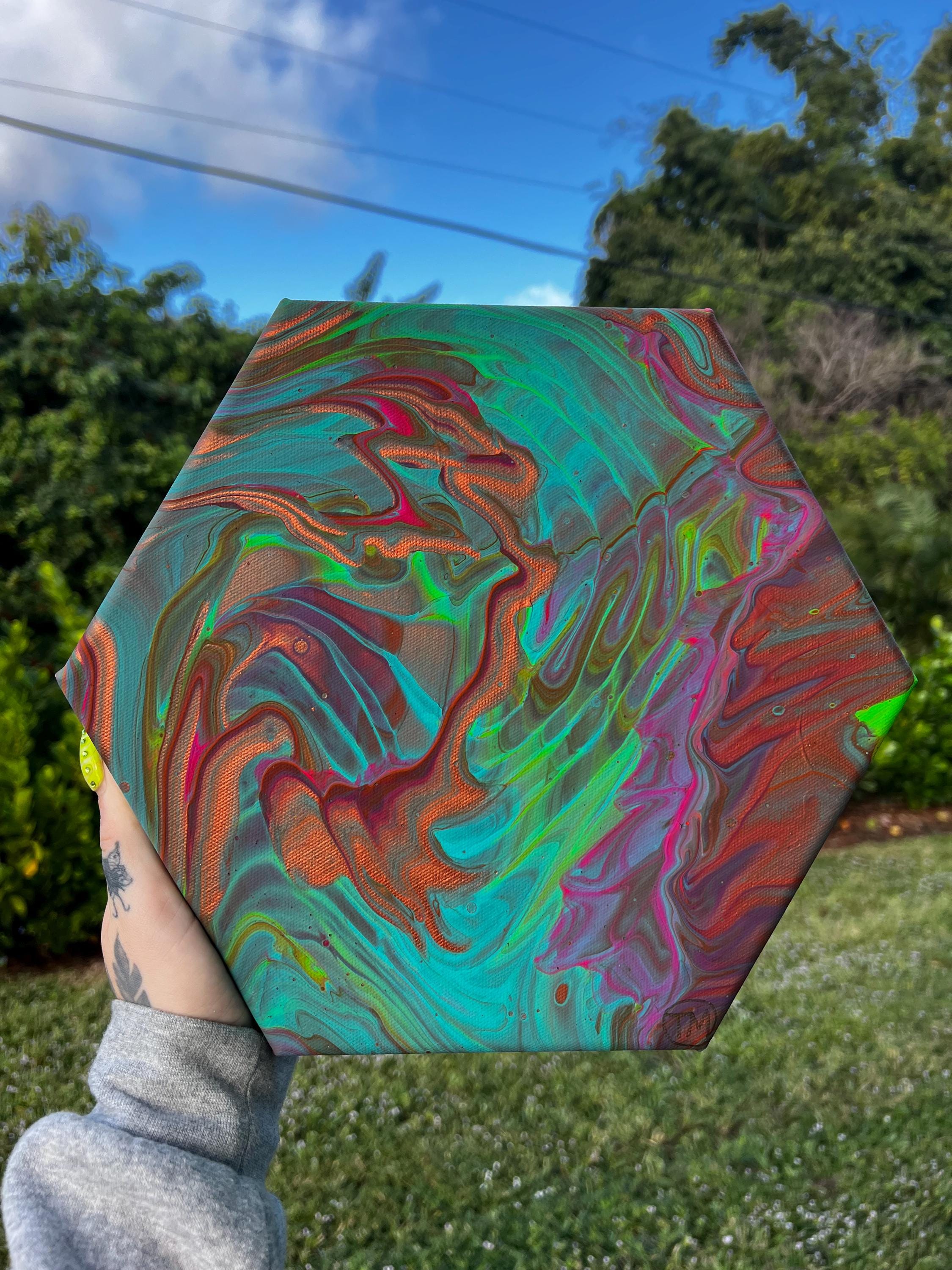 Chromatic Displacement Hexagon Acrylic Pour Painting