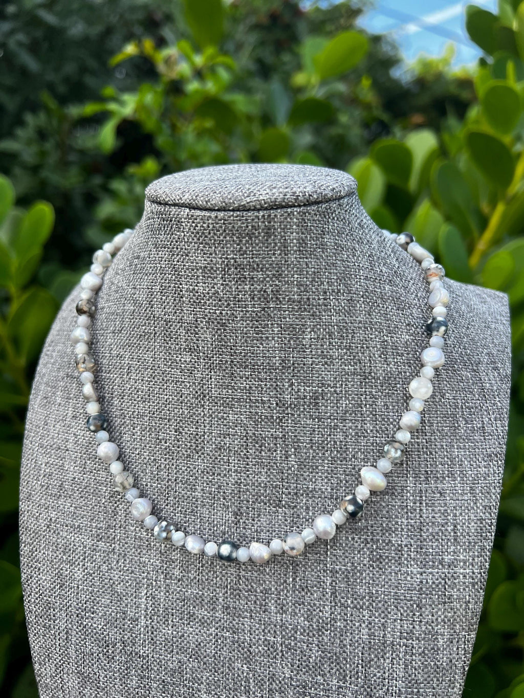 Dyed Fire Agate + Grey Mother Of Pearl Crystal Necklace