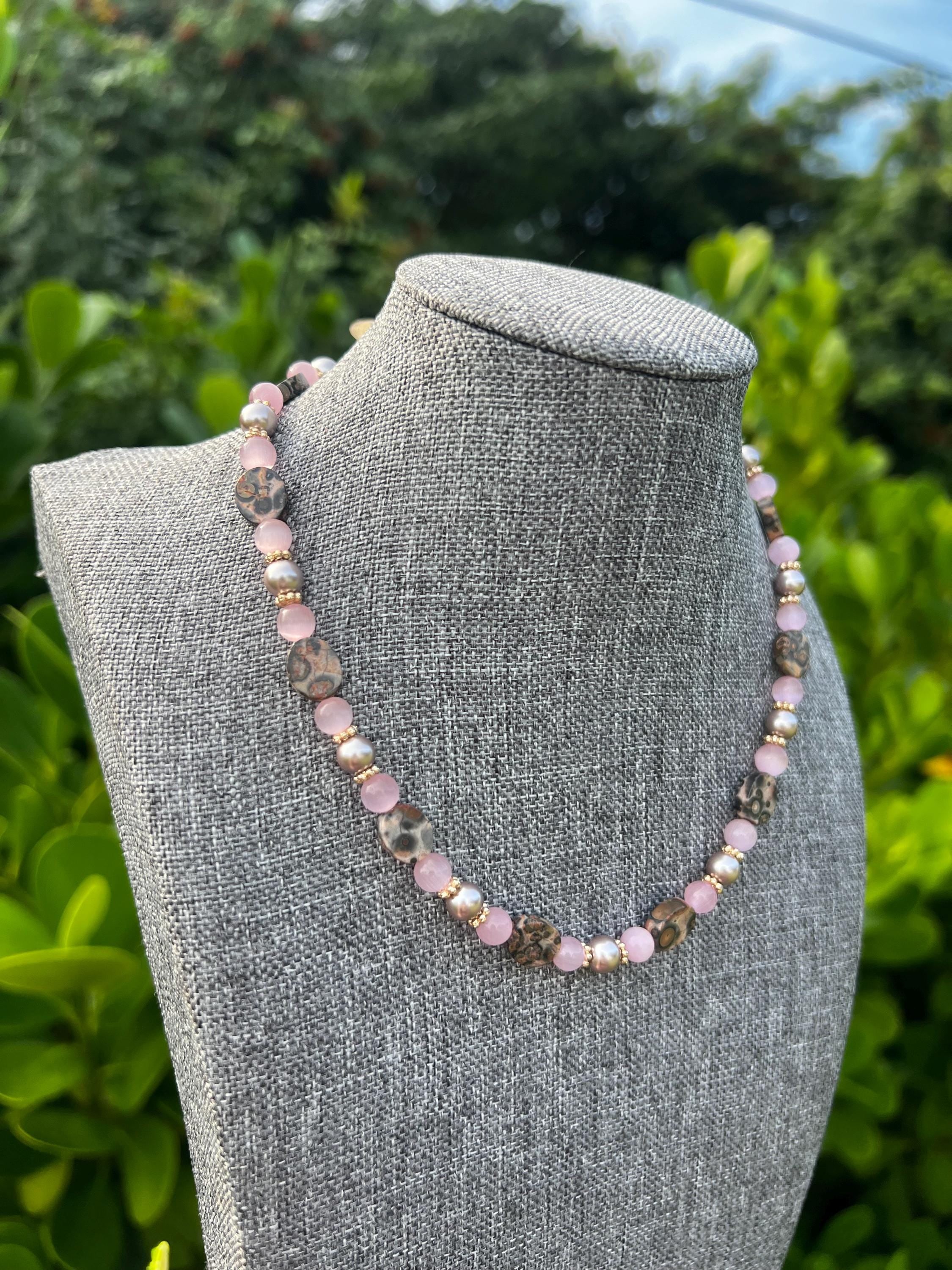 Leopard Rose Quartz + Pink Glass Pearl Crystal Necklace