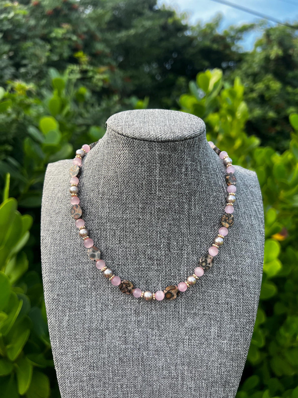 Leopard Rose Quartz + Pink Glass Pearl Crystal Necklace
