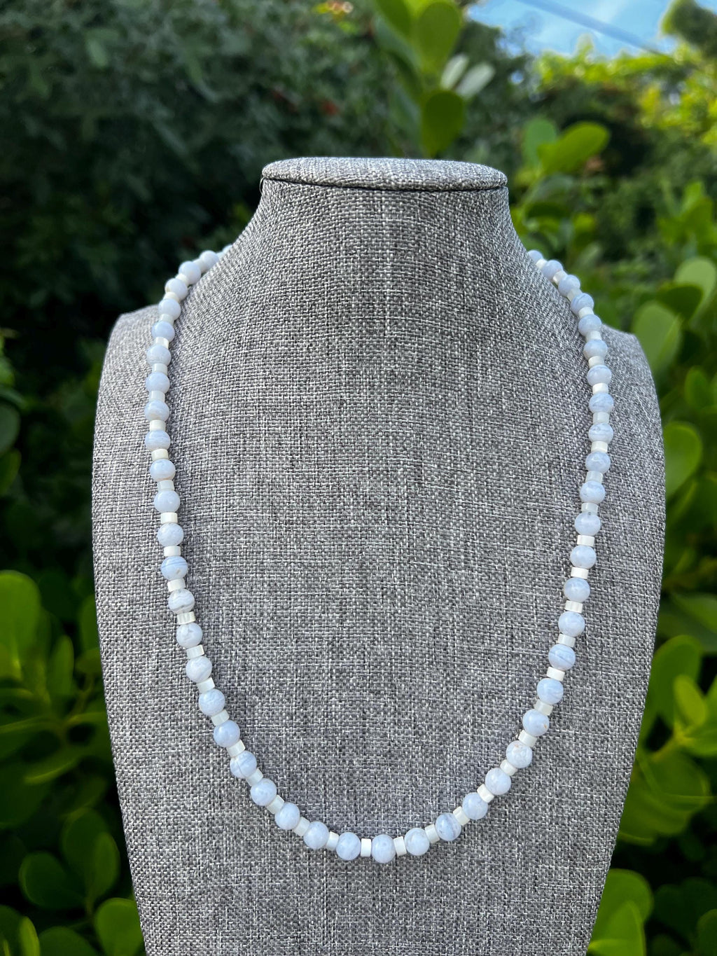 Blue Lace Agate + Mother Of Pearl Crystal Necklace