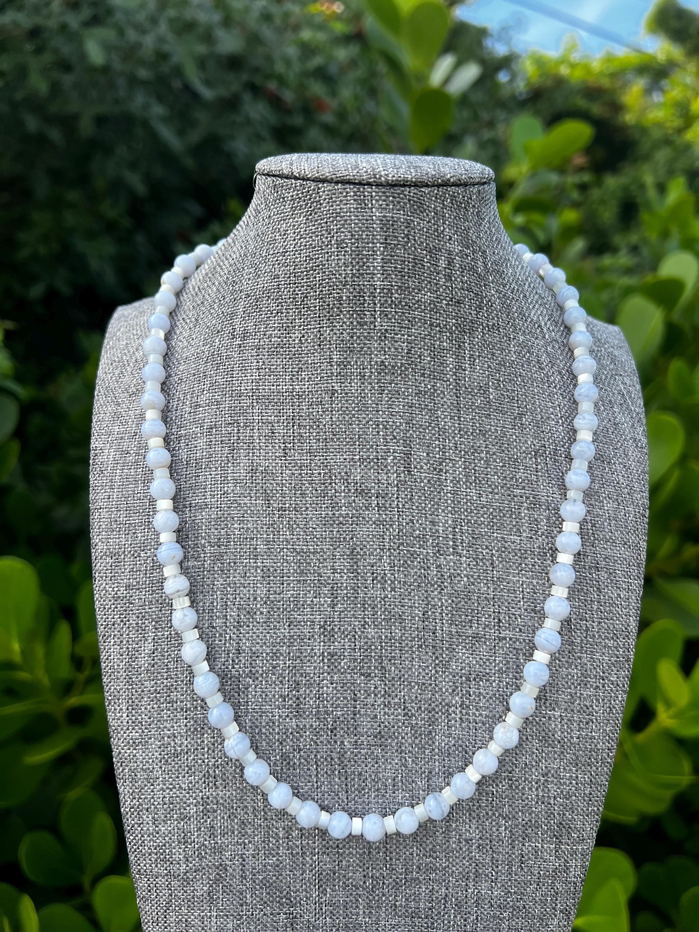 Blue Lace Agate + Mother Of Pearl Crystal Necklace