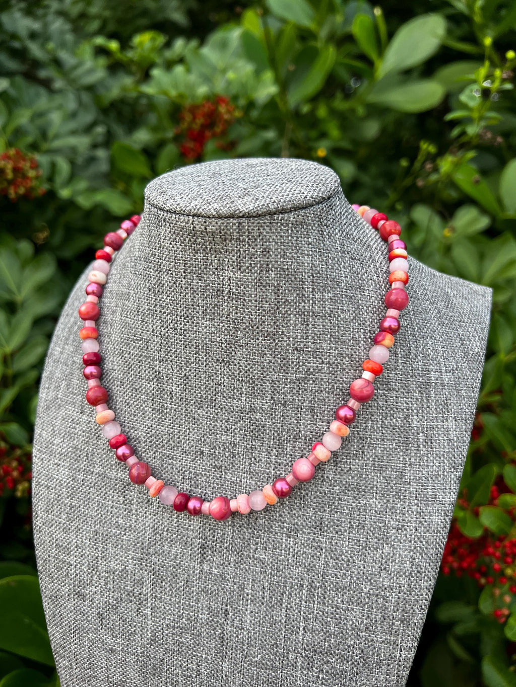 Pink Cats Eye + Multi Opal + Dyed Ruby Quartz Mother Of Pearl Crystal Necklace