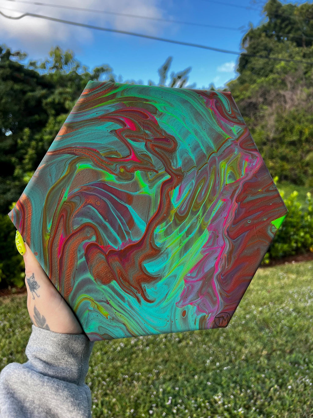 Chromatic Displacement Hexagon Acrylic Pour Painting