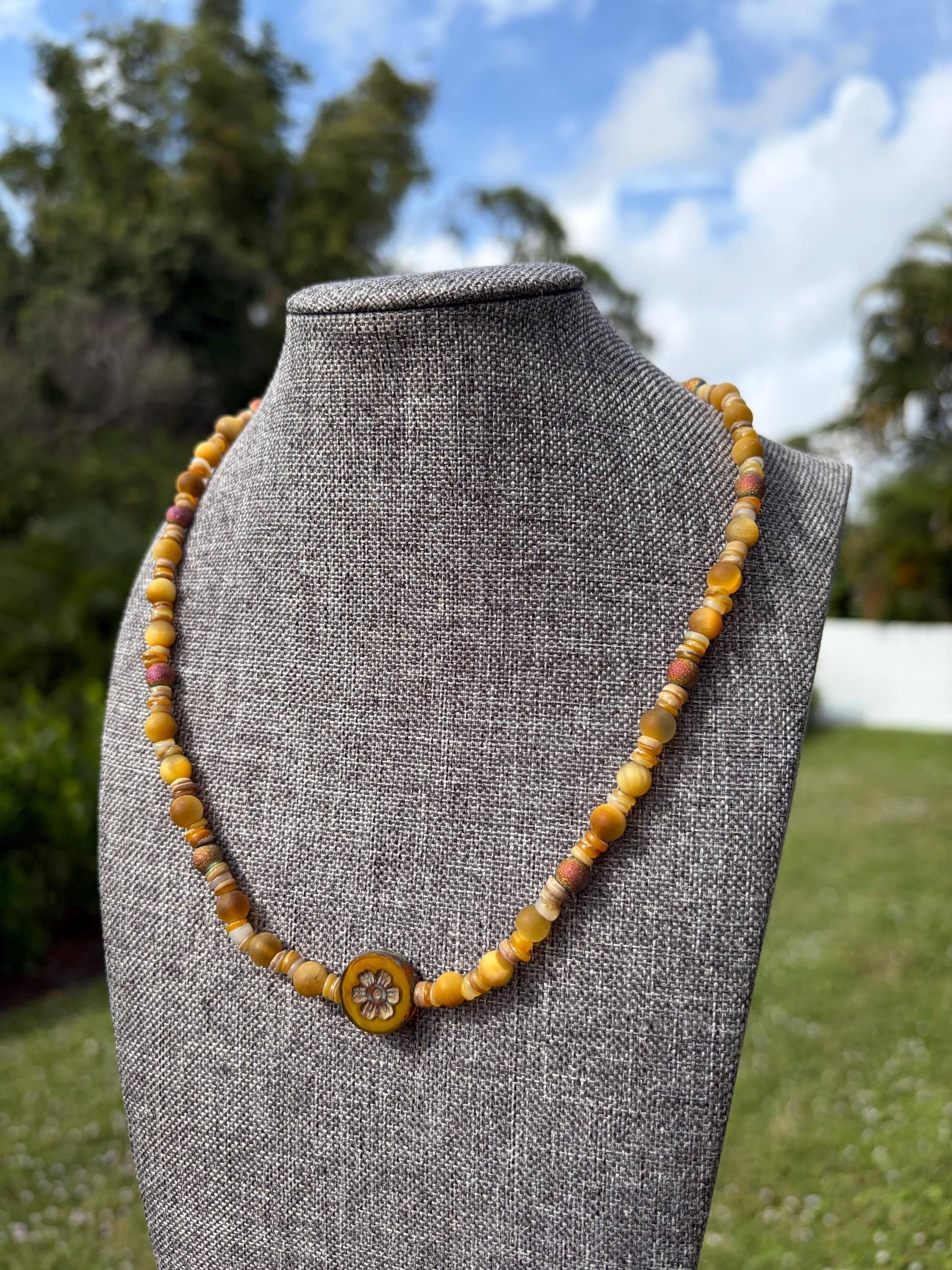 Floral Matte Tigers Eye Crystal Necklace