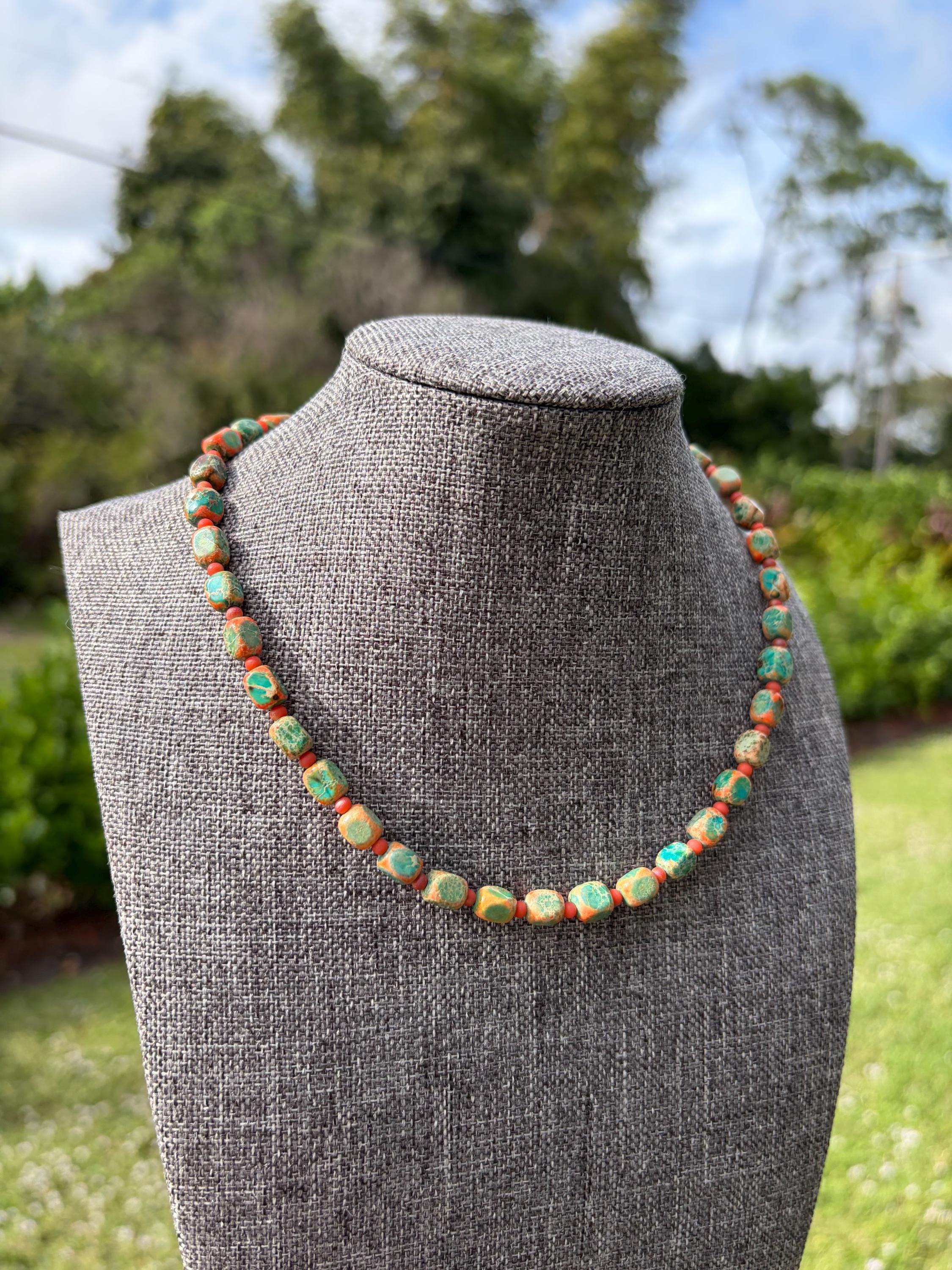 Dyed Jasper + Matte Orange Glass Seed Bead Crystal Necklace