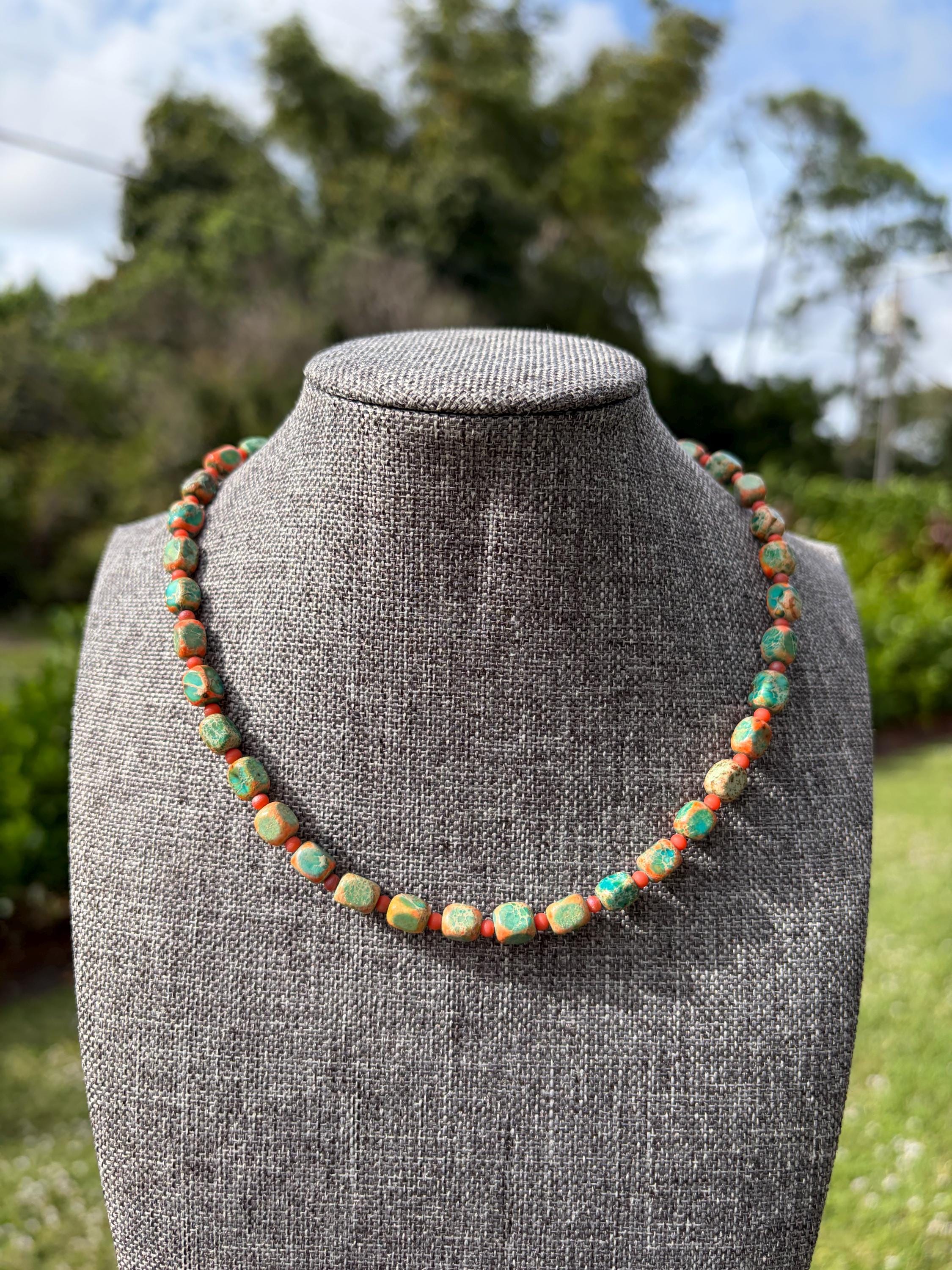 Dyed Jasper + Matte Orange Glass Seed Bead Crystal Necklace