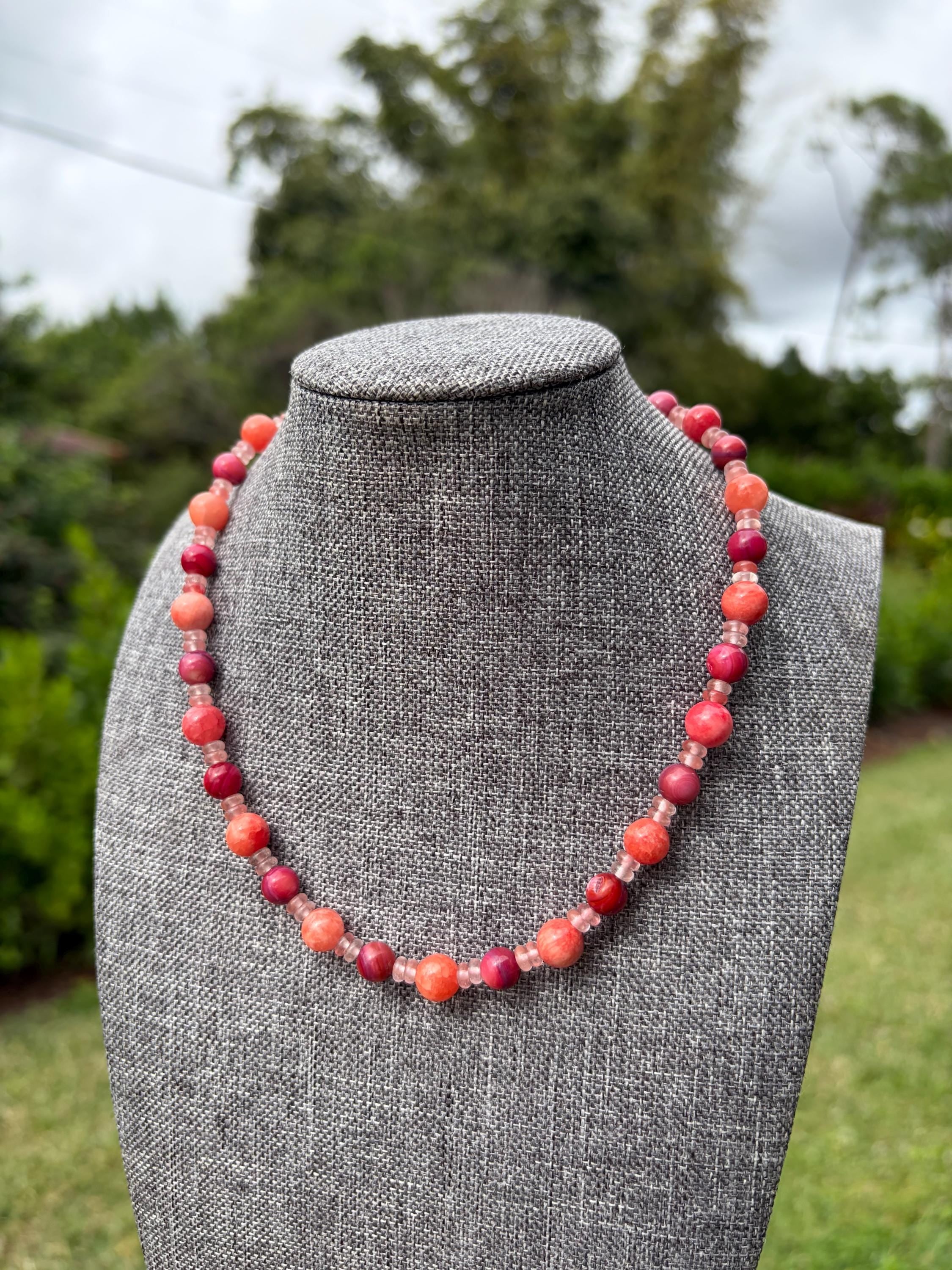 Dyed Ruby Quartz + Dyed Amethyst Shell Crystal Necklace