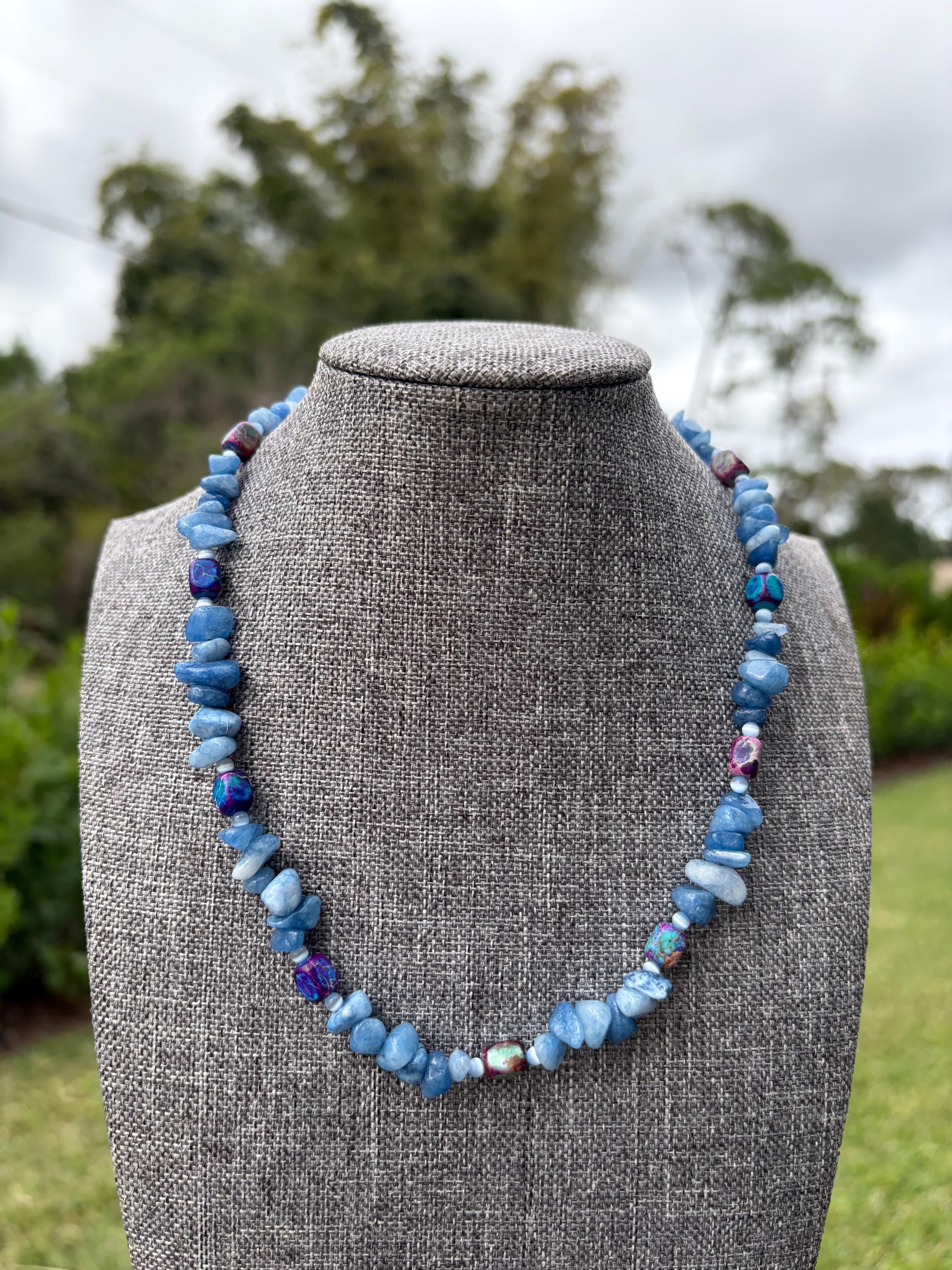 Dyed Blue Quartz + Dyed Jade + Cat Eye Crystal Necklace