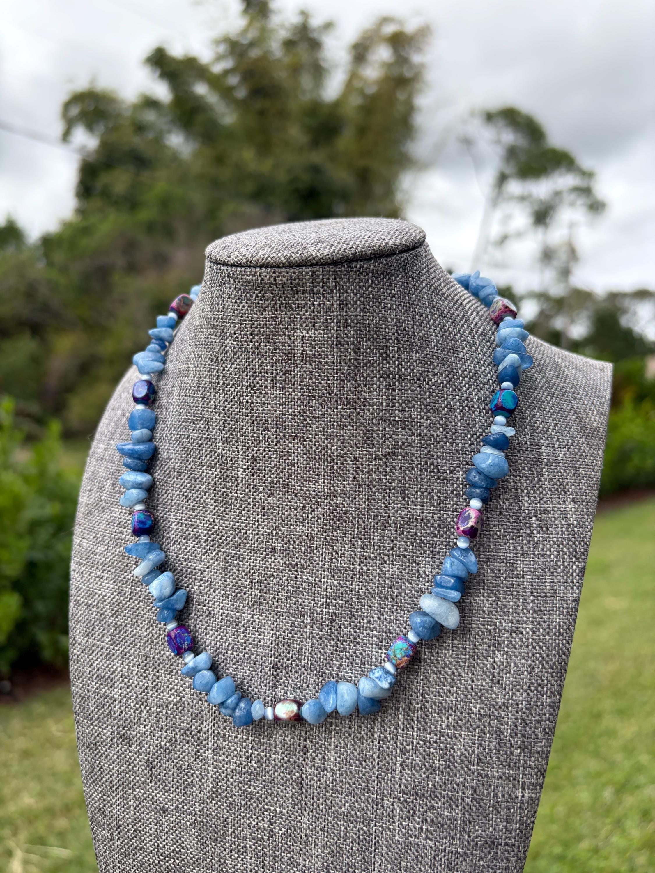 Dyed Blue Quartz + Dyed Jade + Cat Eye Crystal Necklace